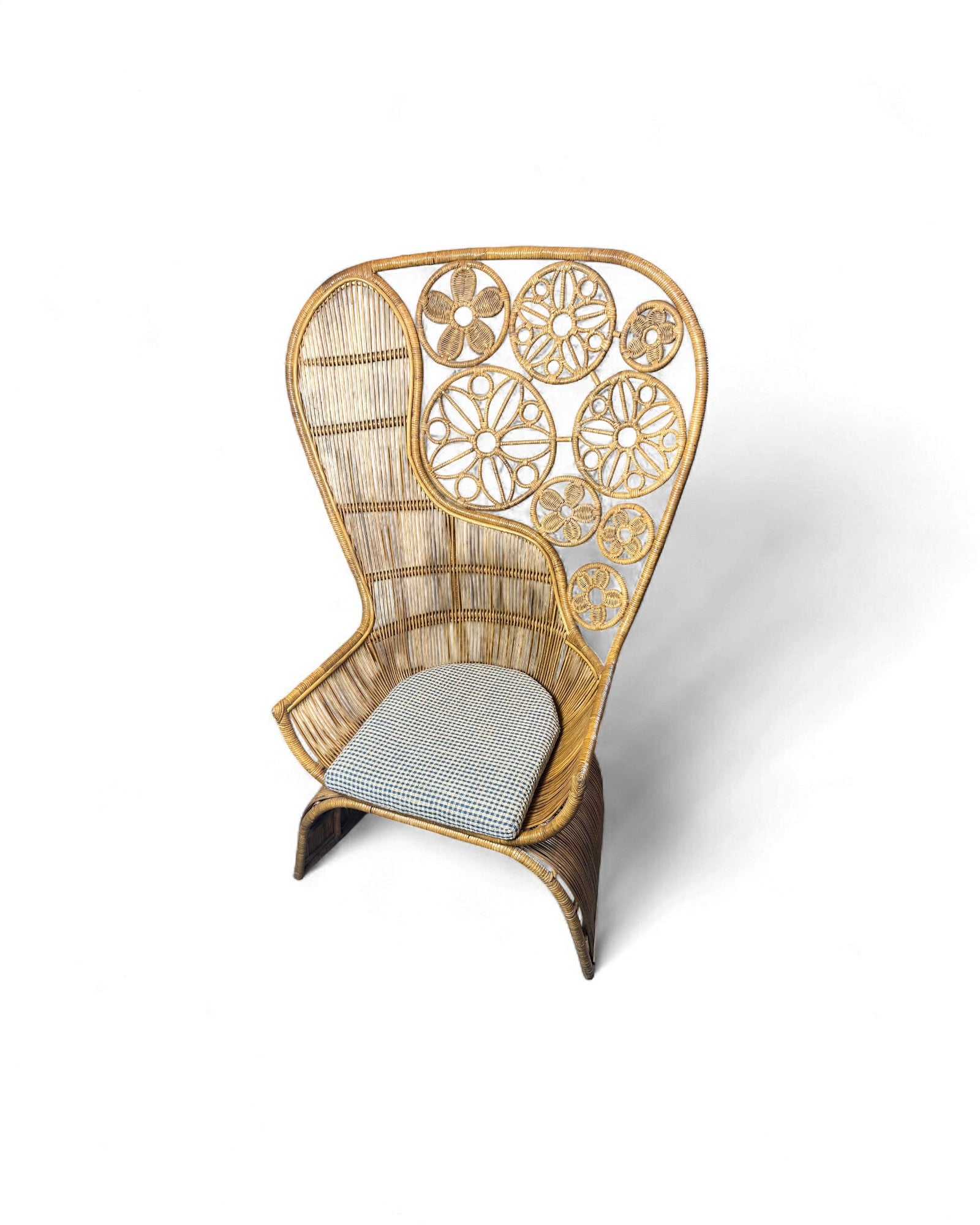 Rattan Vintage High Back Floral Weaved Lounge Chair with Check Weave Cushion Surround Living