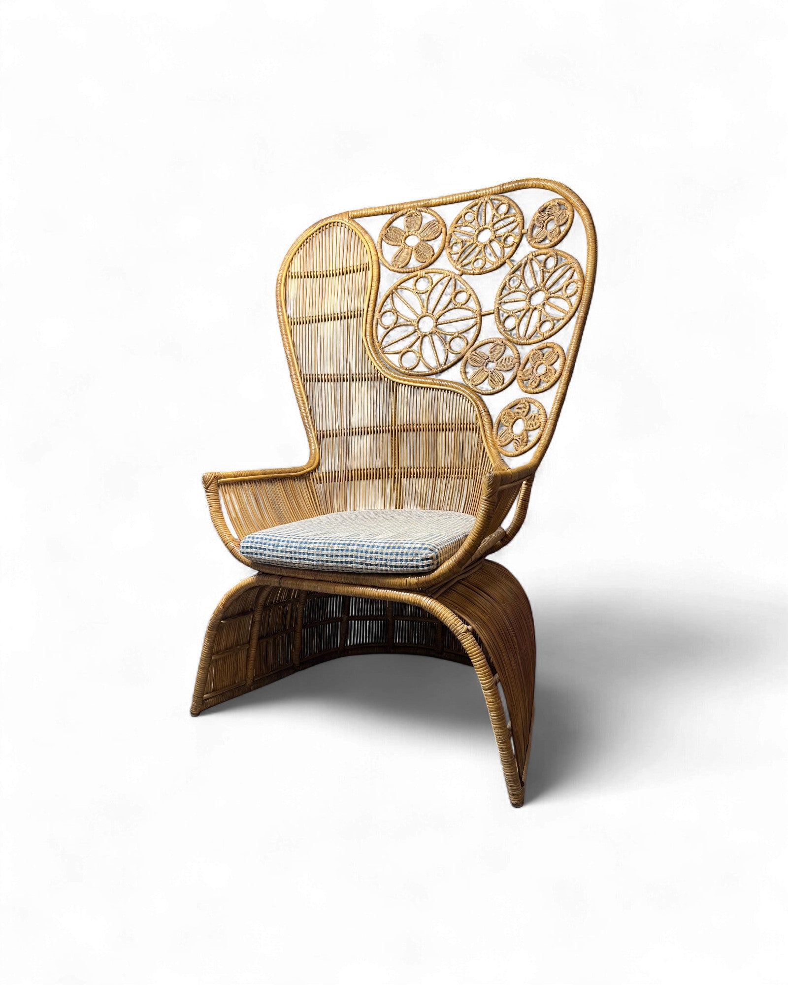 Rattan Vintage High Back Floral Weaved Lounge Chair with Check Weave Cushion Surround Living