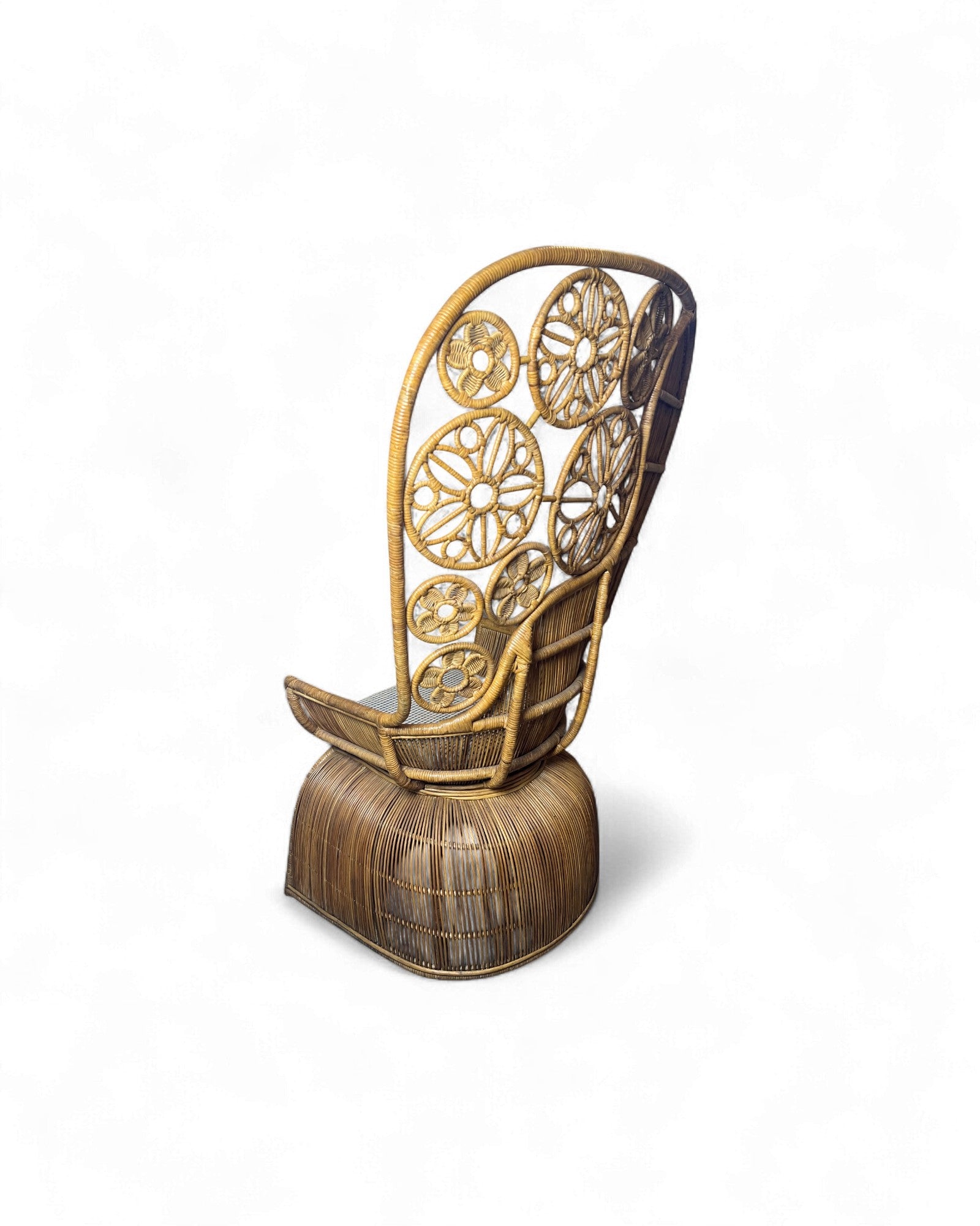 Rattan Vintage High Back Floral Weaved Lounge Chair with Check Weave Cushion Surround Living
