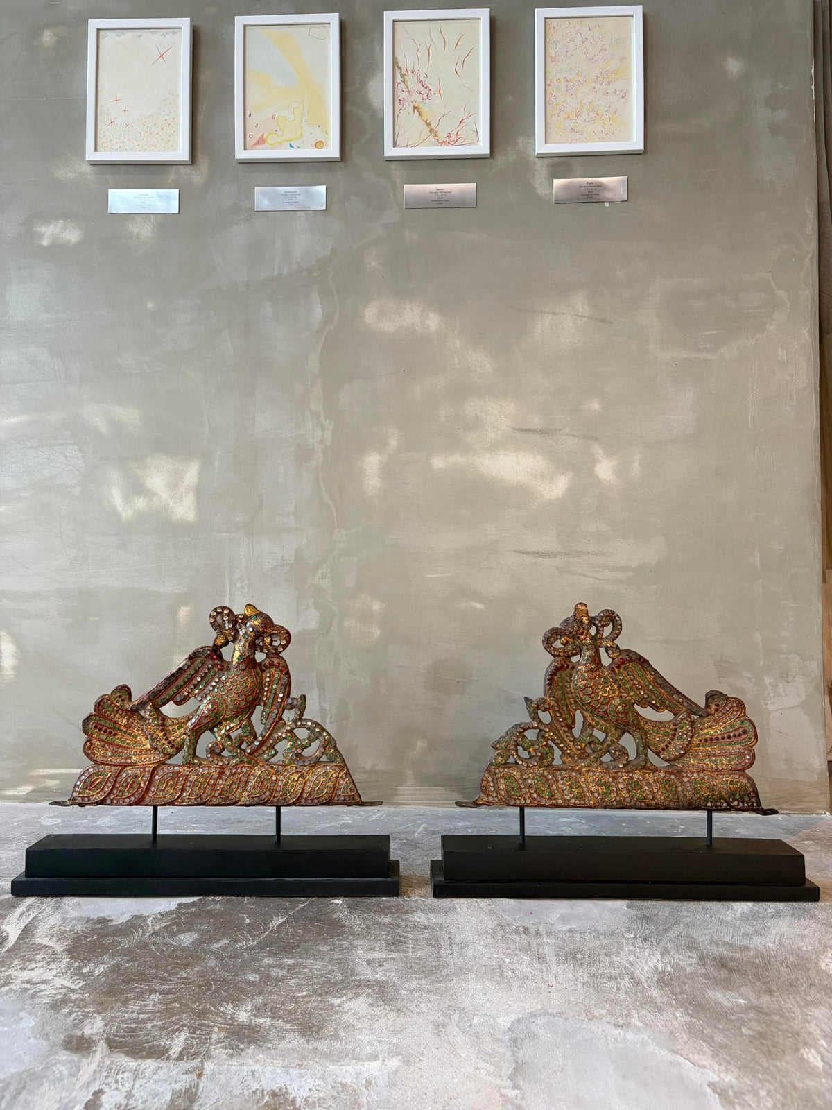 Carved Wooden Golden Peacock Inlaid with Coloured Stained Glass (นกยูงทองไม้ติดกระจกสี) - Surround Living - 2