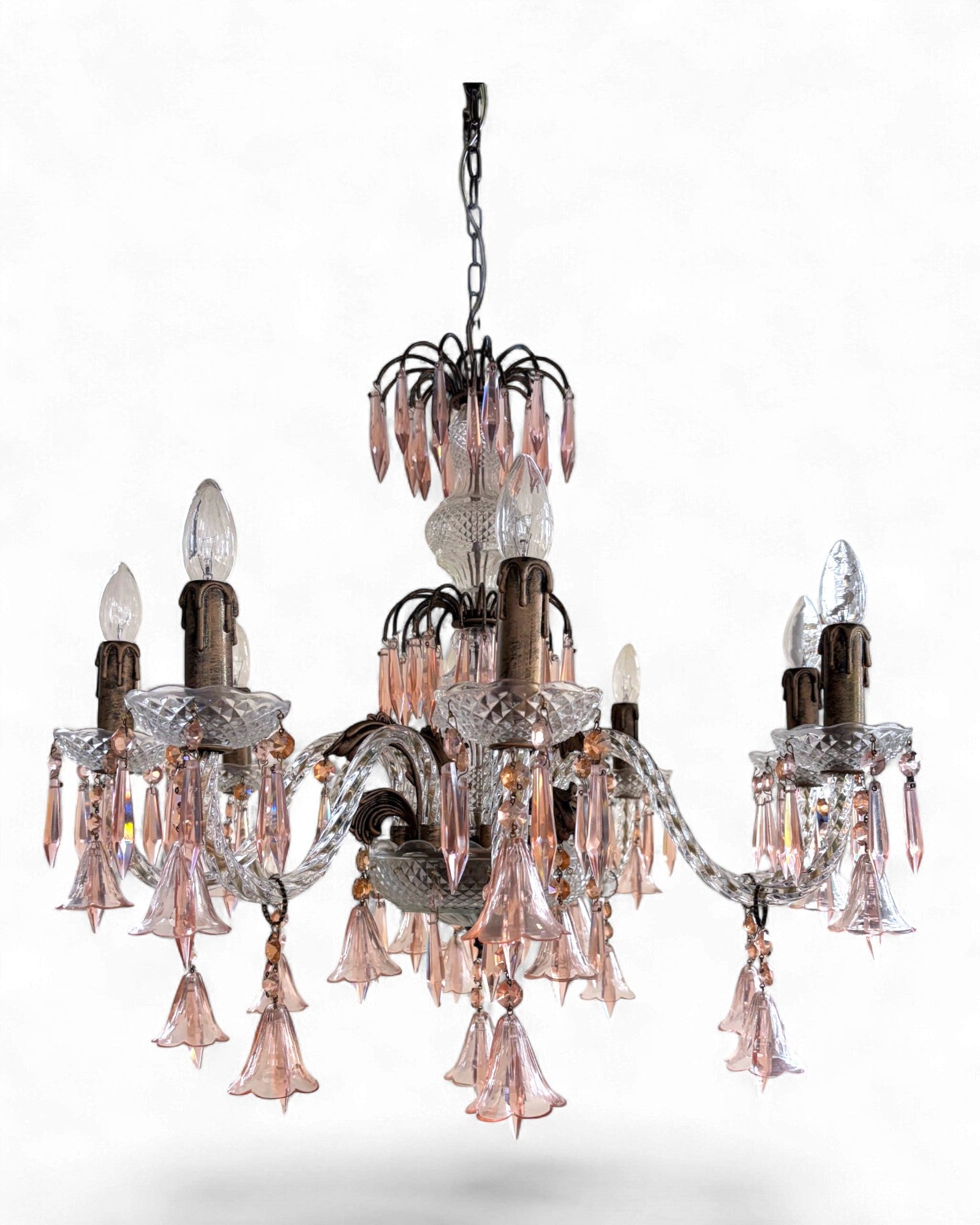 Vintage 8-Light-Arm Floral Glass Crystal Chandelier in Pale Pink Hue - Surround Living - 3