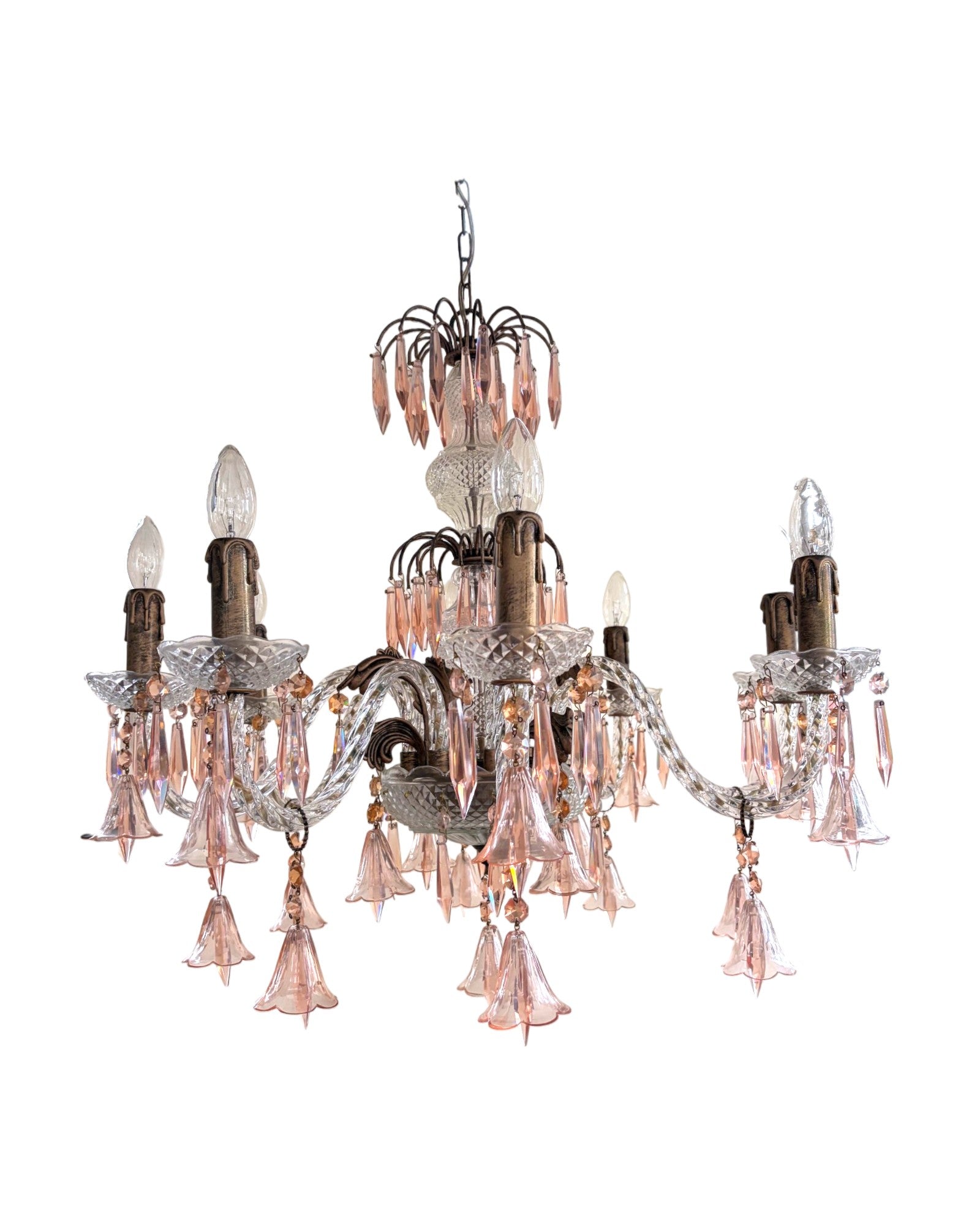 Vintage 8-Light-Arm Floral Glass Crystal Chandelier in Pale Pink Hue - Surround Living - 4