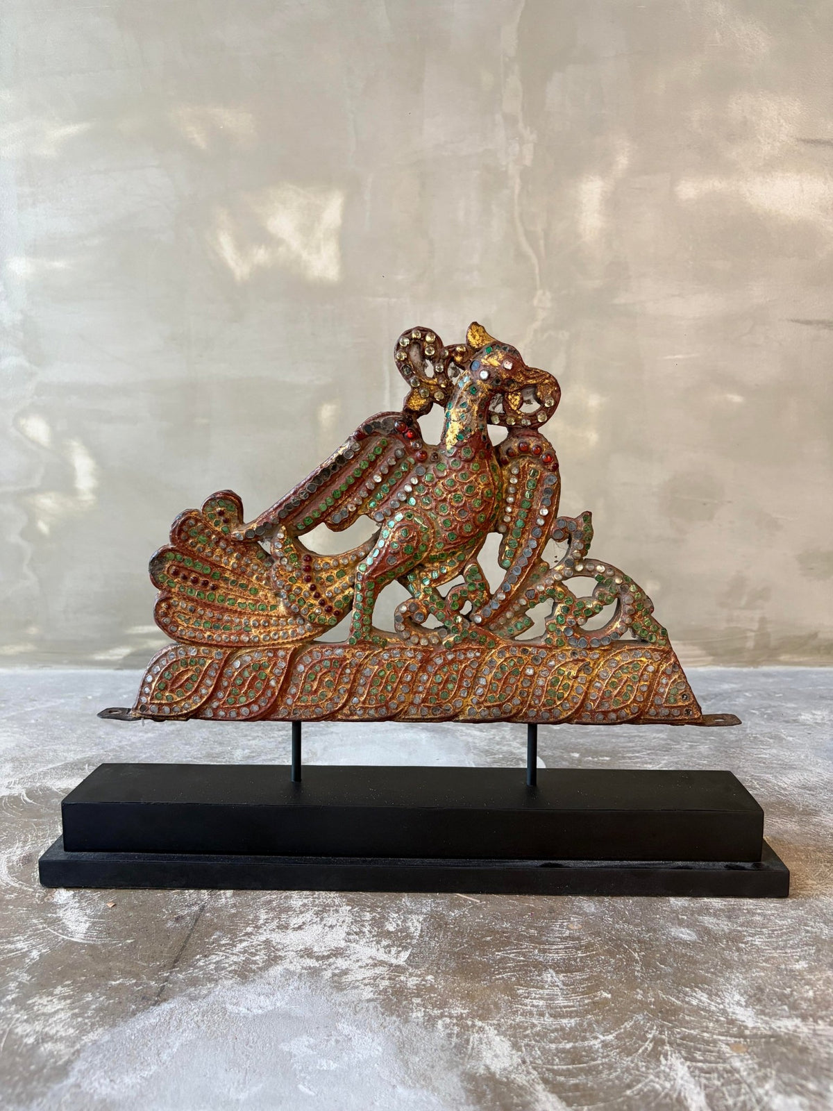 Carved Wooden Golden Peacock Inlaid with Coloured Stained Glass (นกยูงทองไม้ติดกระจกสี) - Surround Living - 4