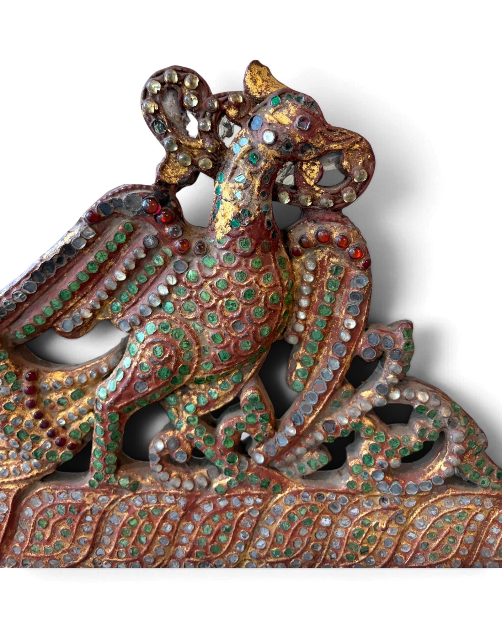 Carved Wooden Golden Peacock Inlaid with Coloured Stained Glass (นกยูงทองไม้ติดกระจกสี)