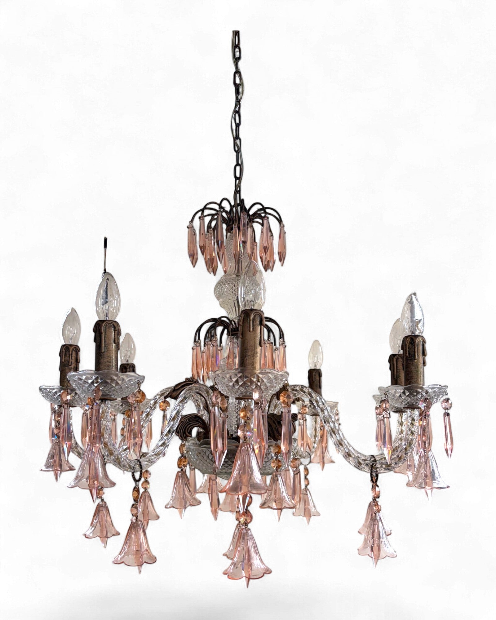 Vintage 8-Light-Arm Floral Glass Crystal Chandelier in Pale Pink Hue - Surround Living - 5