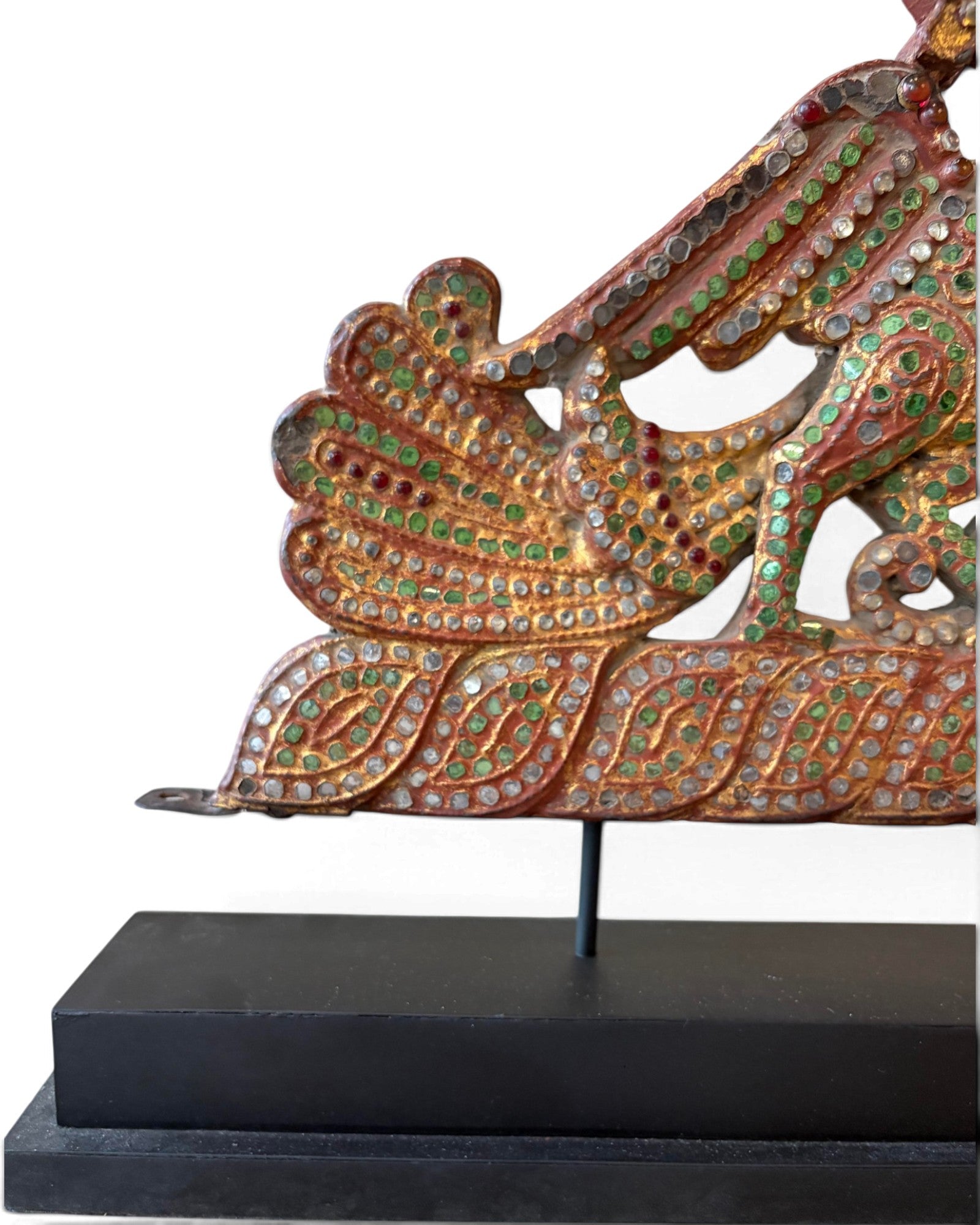 Carved Wooden Golden Peacock Inlaid with Coloured Stained Glass (นกยูงทองไม้ติดกระจกสี)
