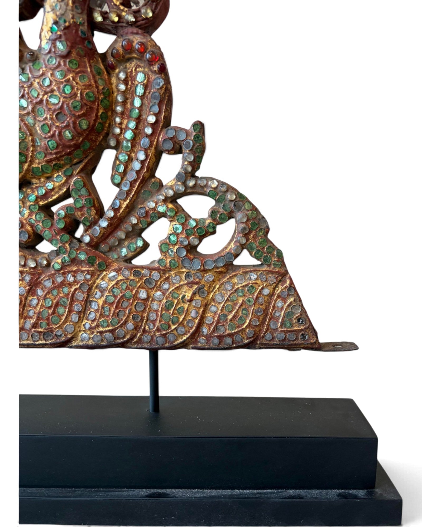 Carved Wooden Golden Peacock Inlaid with Coloured Stained Glass (นกยูงทองไม้ติดกระจกสี)