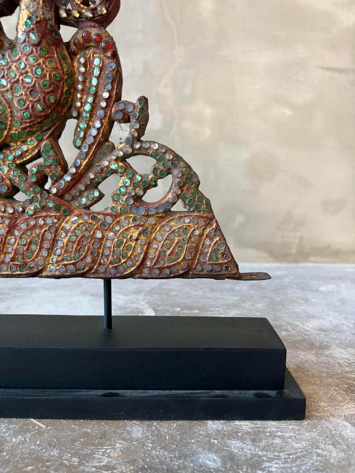 Carved Wooden Golden Peacock Inlaid with Coloured Stained Glass (นกยูงทองไม้ติดกระจกสี) - Surround Living - 8