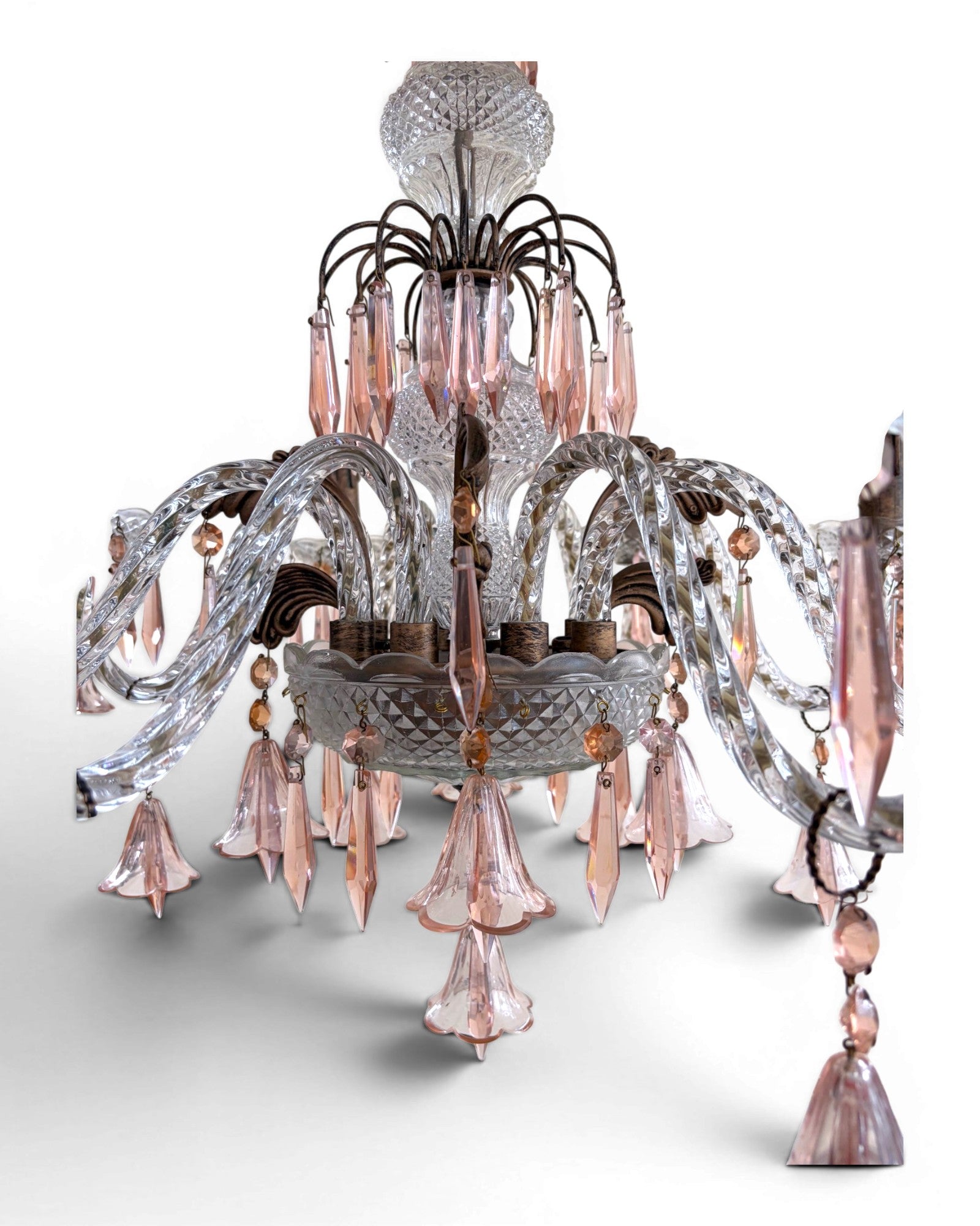 Vintage 8-Light-Arm Floral Glass Crystal Chandelier in Pale Pink Hue - Surround Living - 8