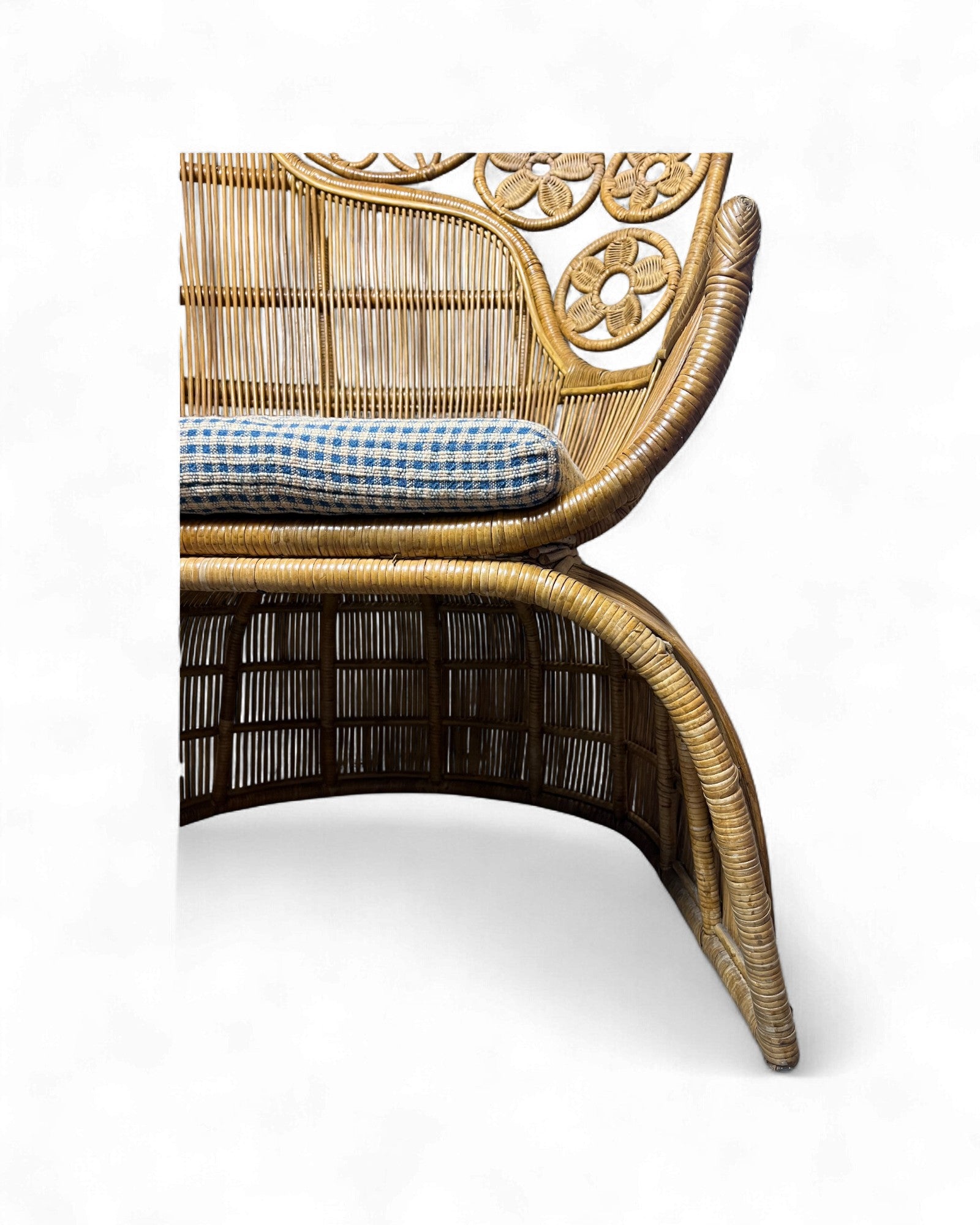 Rattan Vintage High Back Floral Weaved Lounge Chair with Check Weave Cushion Surround Living