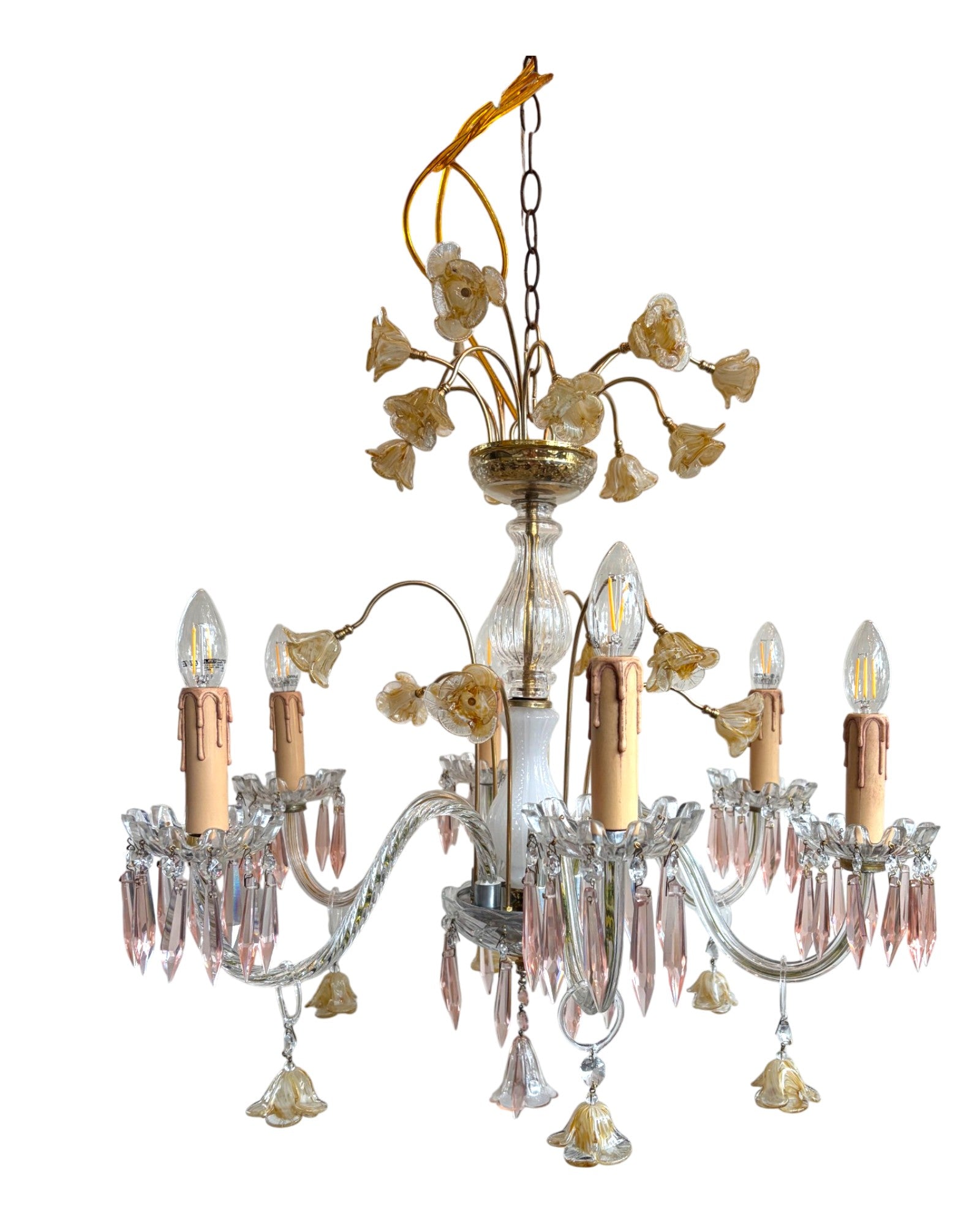 Vintage 6-Light-Arm Floral Glass Crystal Chandelier in Pale Pink and Yellow Hue - Surround Living - 3