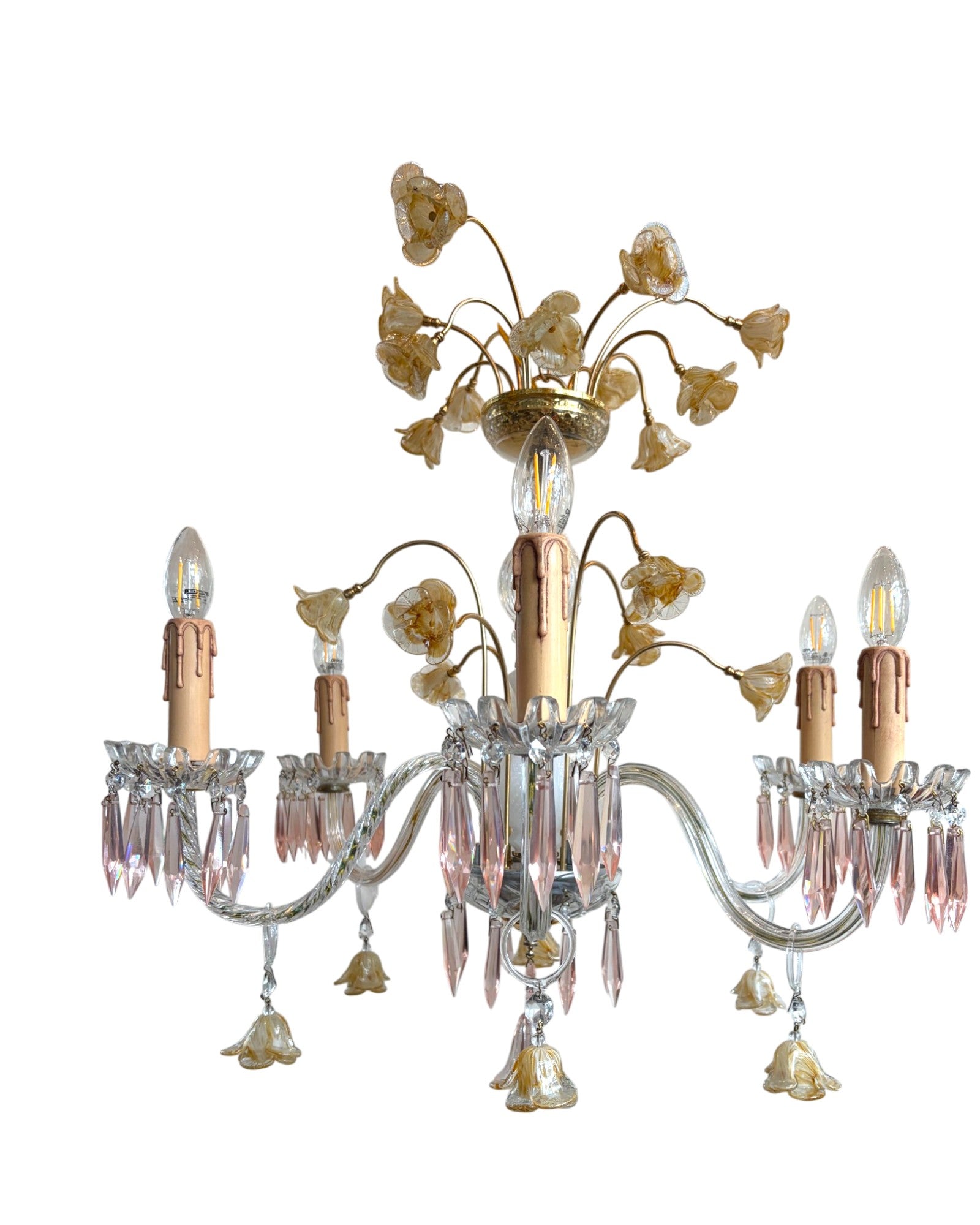 Vintage 6-Light-Arm Floral Glass Crystal Chandelier in Pale Pink and Yellow Hue - Surround Living - 5