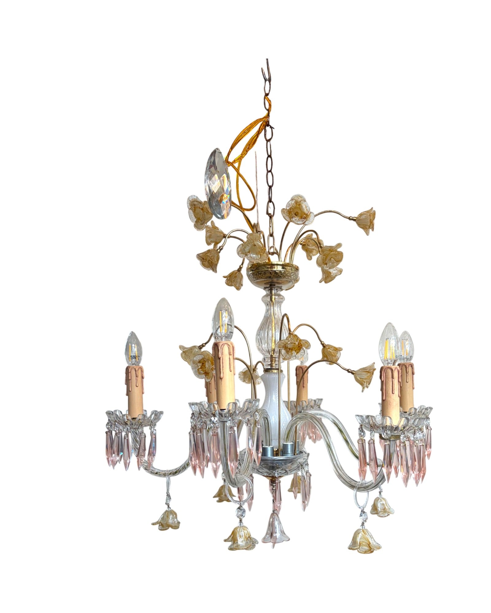 Vintage 6-Light-Arm Floral Glass Crystal Chandelier in Pale Pink and Yellow Hue - Surround Living - 2