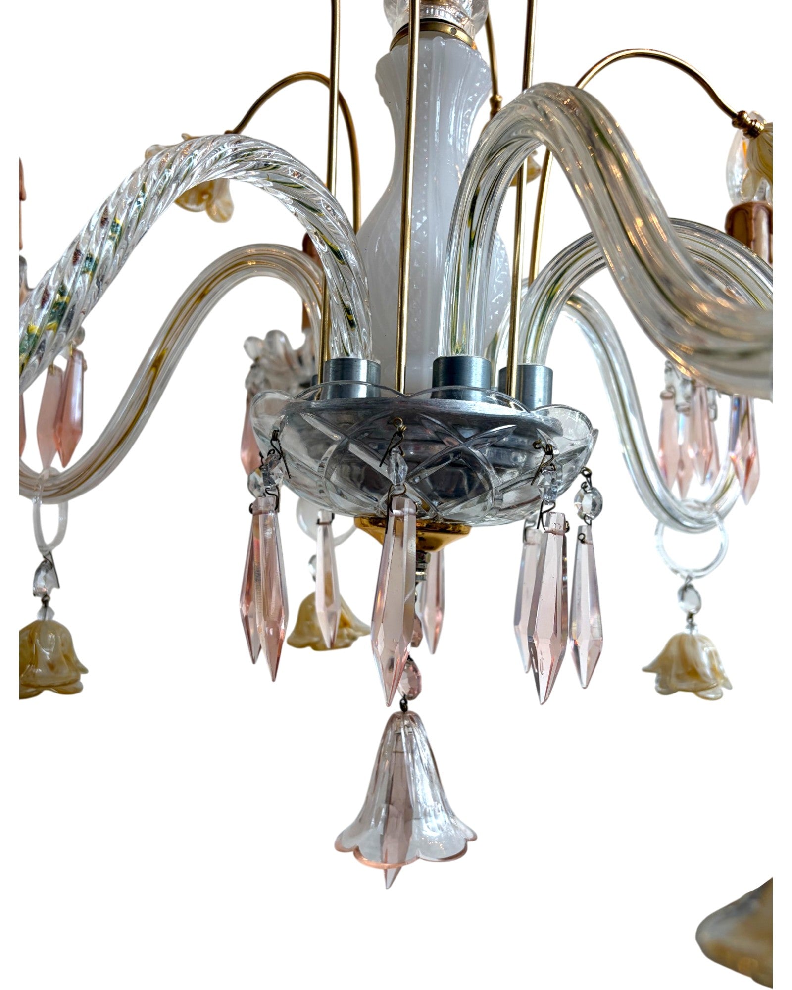 Vintage 6-Light-Arm Floral Glass Crystal Chandelier in Pale Pink and Yellow Hue - Surround Living - 13