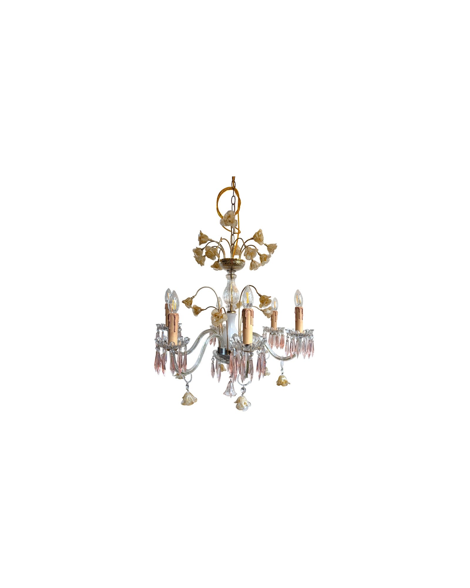 Vintage 6-Light-Arm Floral Glass Crystal Chandelier in Pale Pink and Yellow Hue - Surround Living - 1