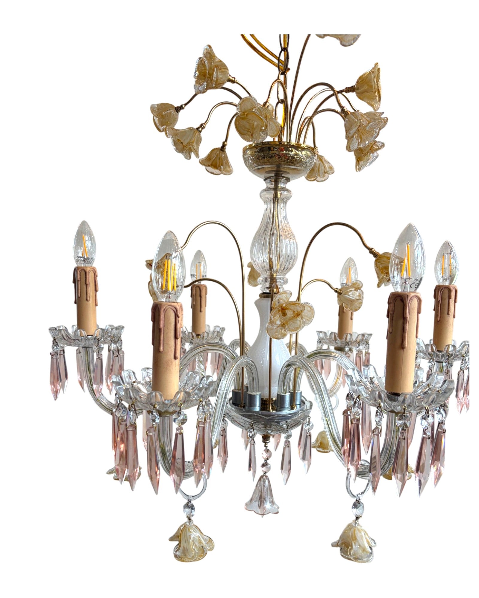Vintage 6-Light-Arm Floral Glass Crystal Chandelier in Pale Pink and Yellow Hue - Surround Living - 14