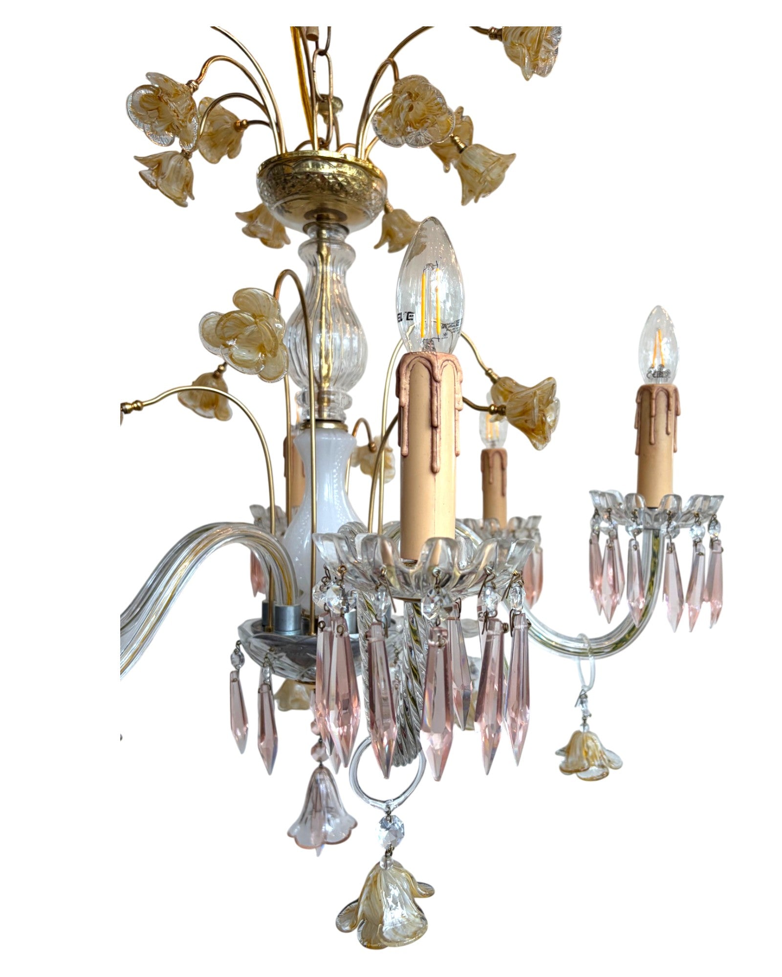 Vintage 6-Light-Arm Floral Glass Crystal Chandelier in Pale Pink and Yellow Hue - Surround Living - 19