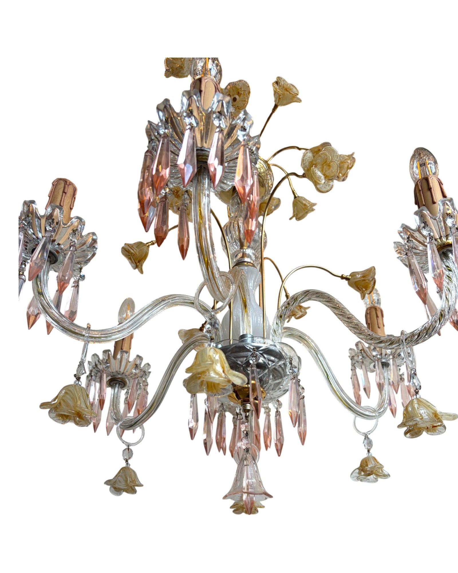 Vintage 6-Light-Arm Floral Glass Crystal Chandelier in Pale Pink and Yellow Hue - Surround Living - 21