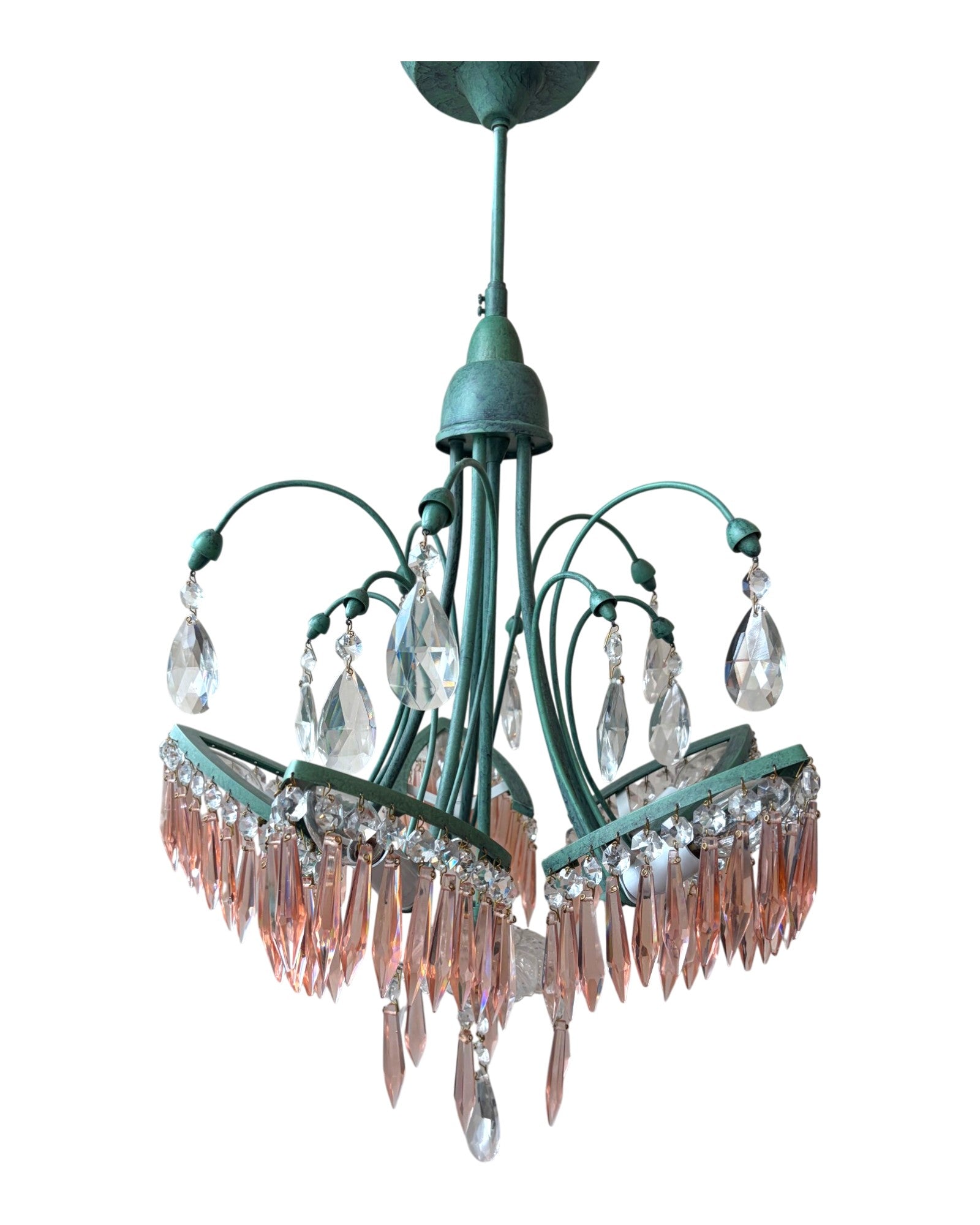 Patina Green Brass With Cascading Pink Crystal Teardrop Prisms Chandelier - Surround Living - 13