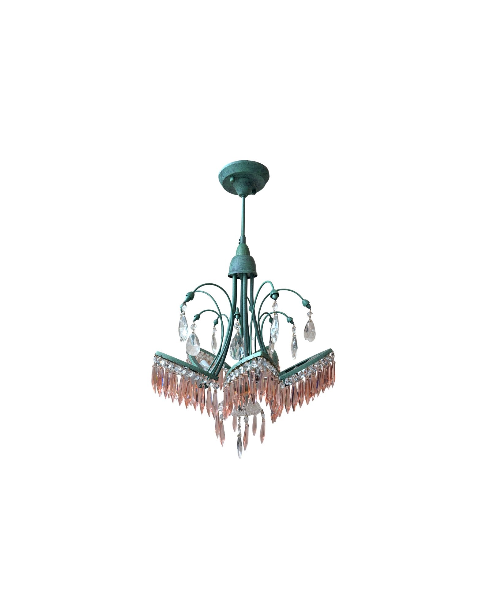 Patina Green Brass With Cascading Pink Crystal Teardrop Prisms Chandelier - Surround Living - 1