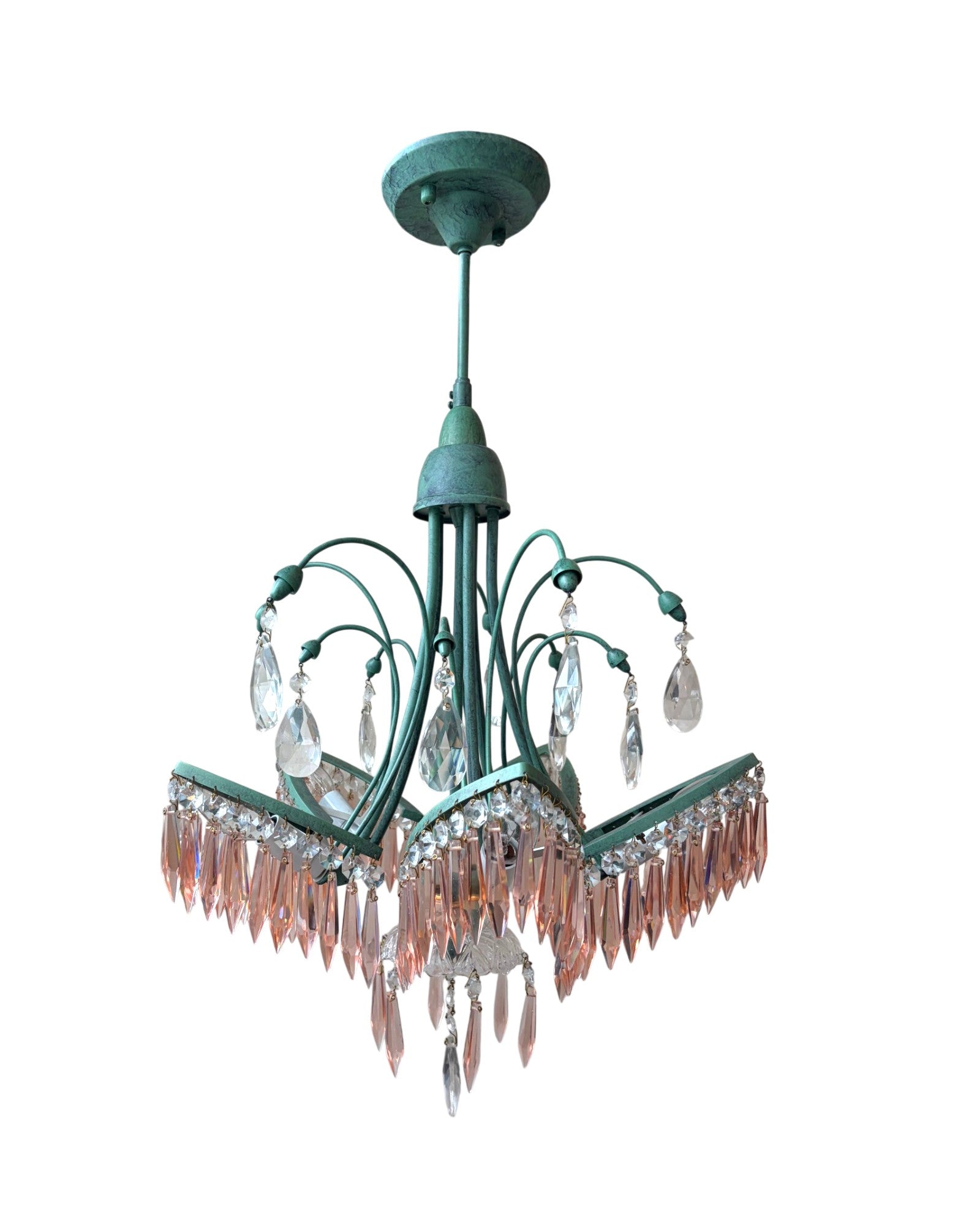 Patina Green Brass With Cascading Pink Crystal Teardrop Prisms Chandelier - Surround Living - 2