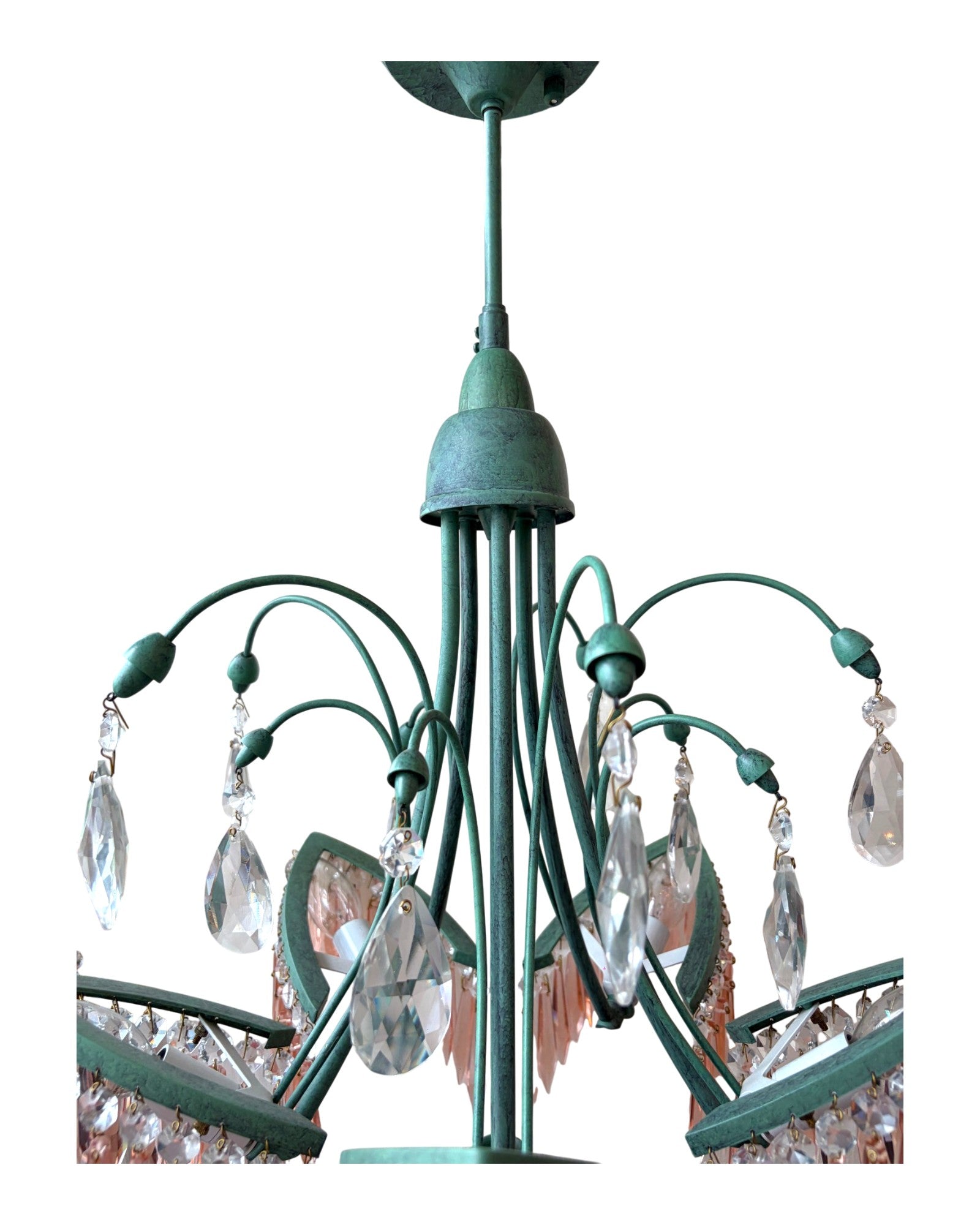 Patina Green Brass With Cascading Pink Crystal Teardrop Prisms Chandelier - Surround Living - 6