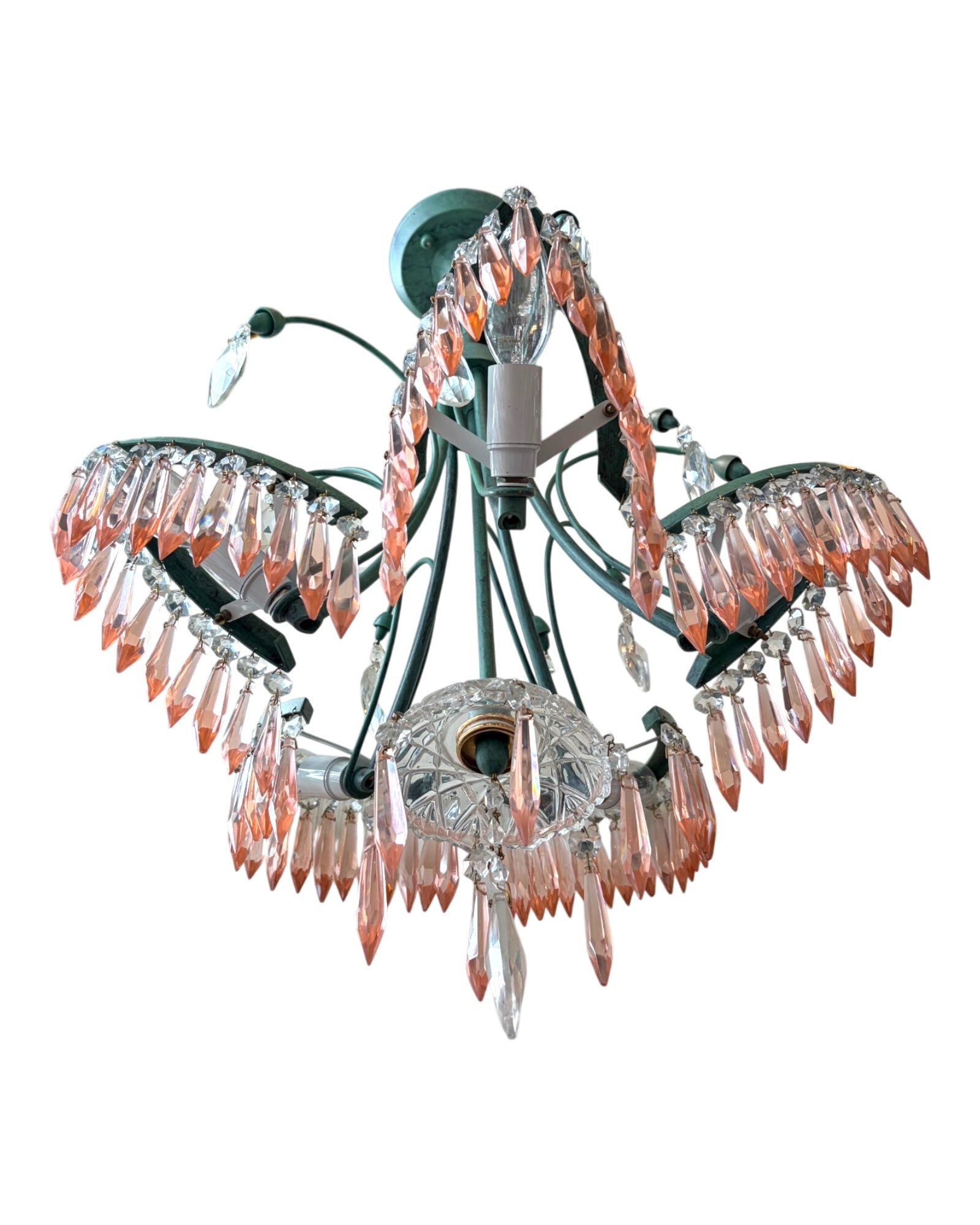 Patina Green Brass With Cascading Pink Crystal Teardrop Prisms Chandelier - Surround Living - 7