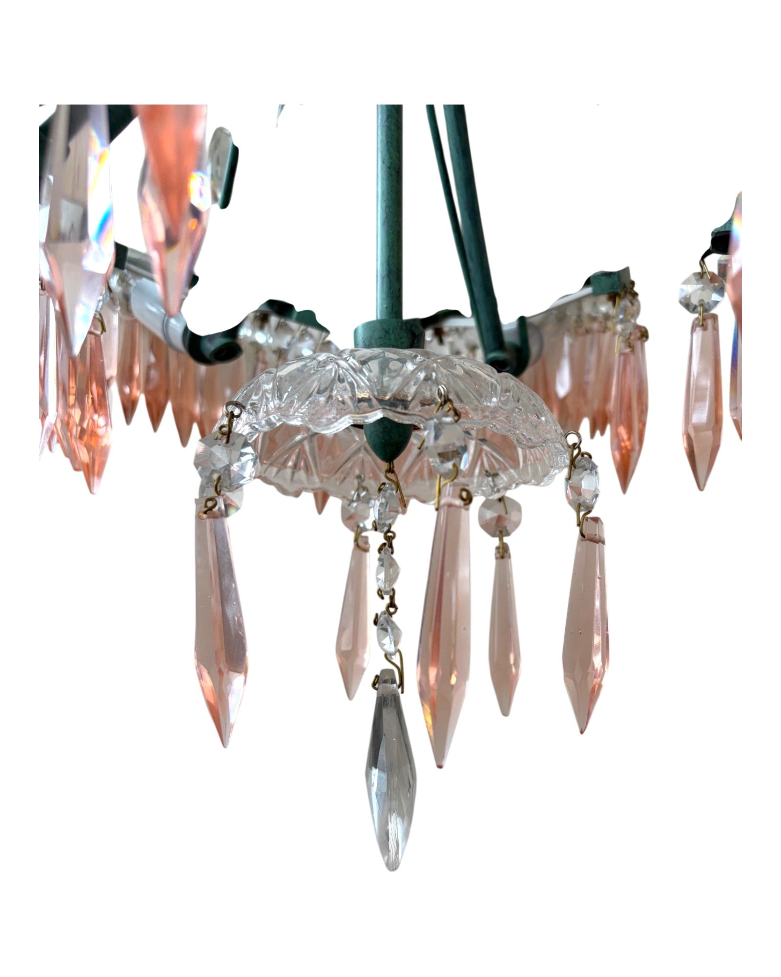 Patina Green Brass With Cascading Pink Crystal Teardrop Prisms Chandelier - Surround Living - 8