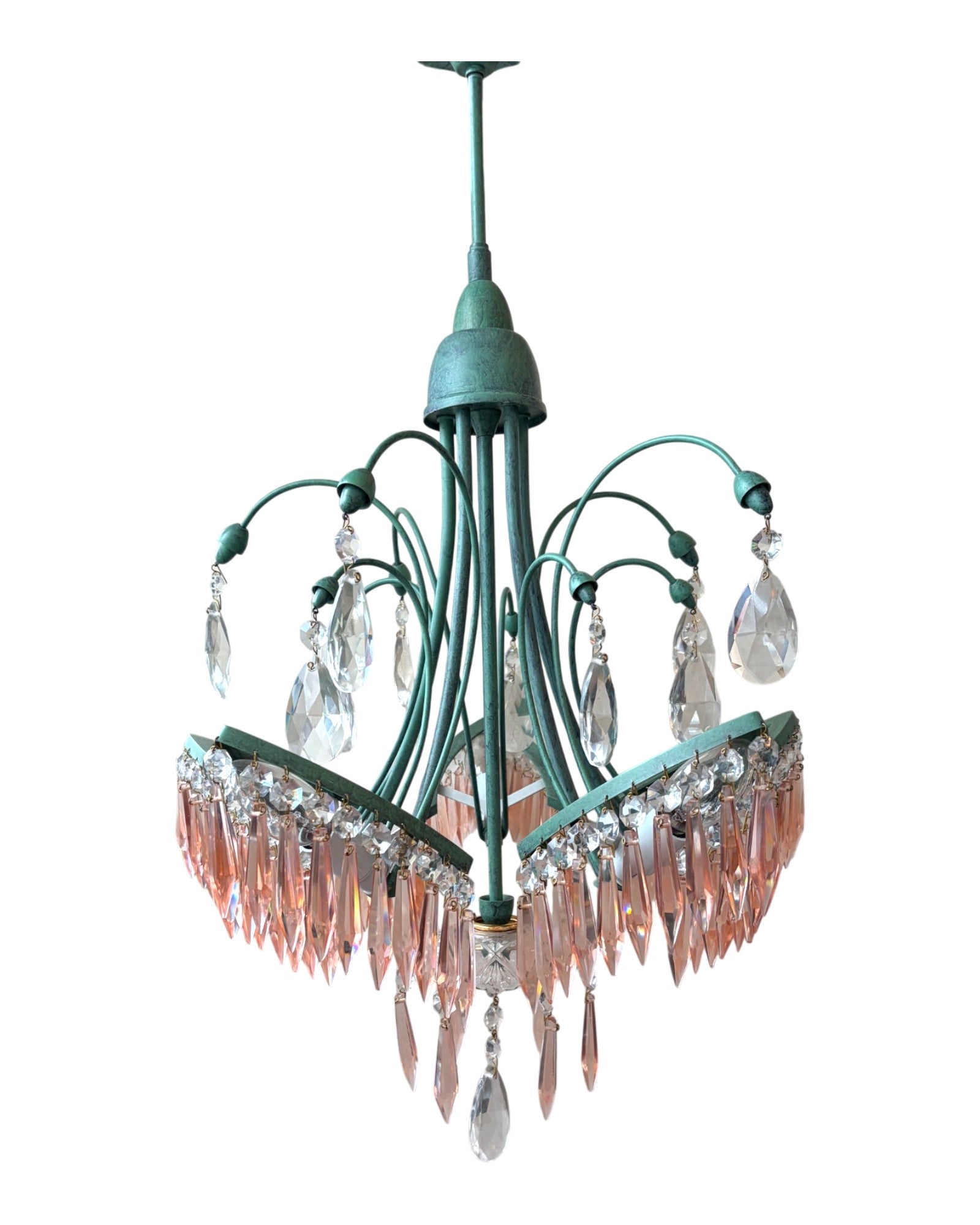 Patina Green Brass With Cascading Pink Crystal Teardrop Prisms Chandelier - Surround Living - 9