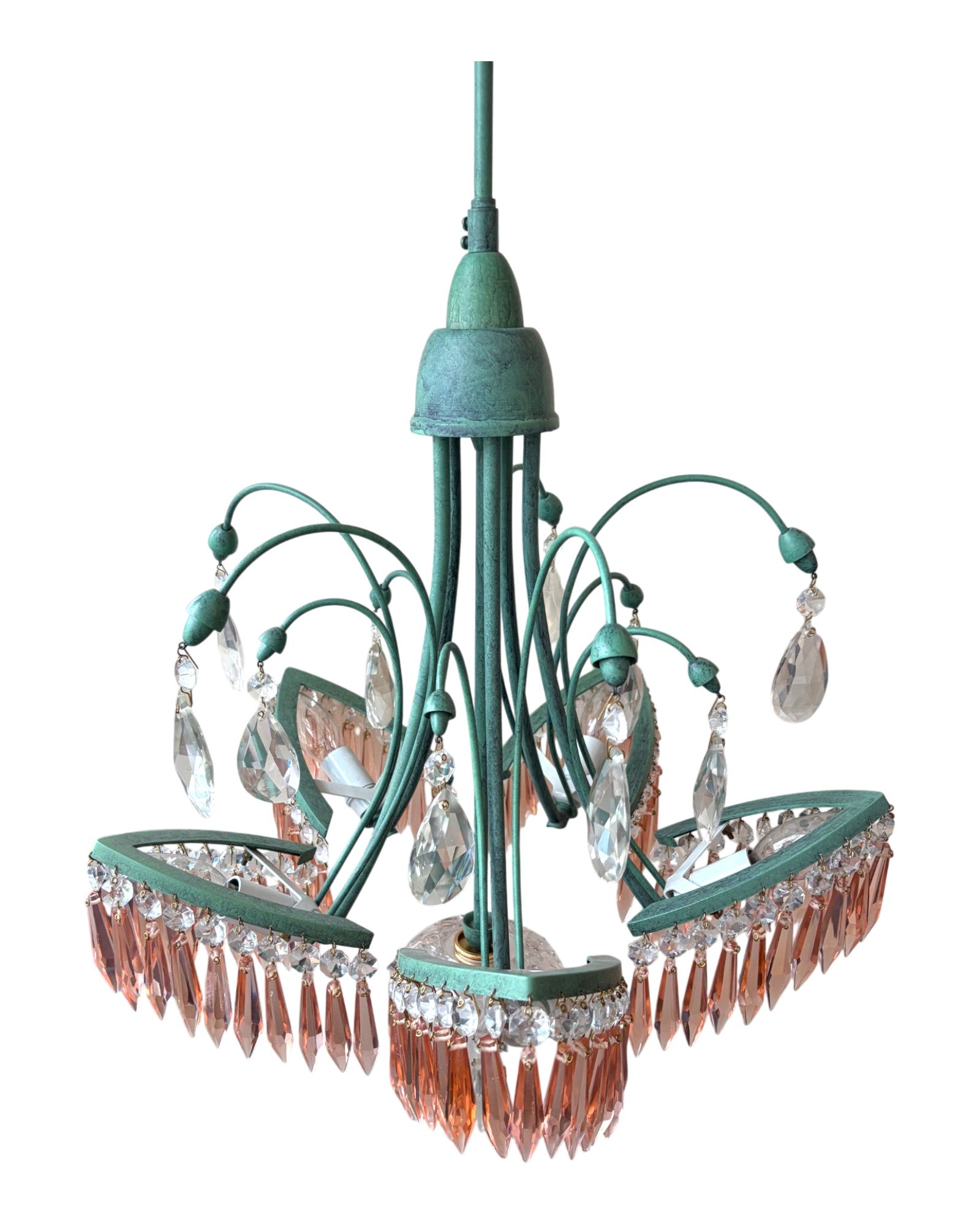 Patina Green Brass With Cascading Pink Crystal Teardrop Prisms Chandelier - Surround Living - 11