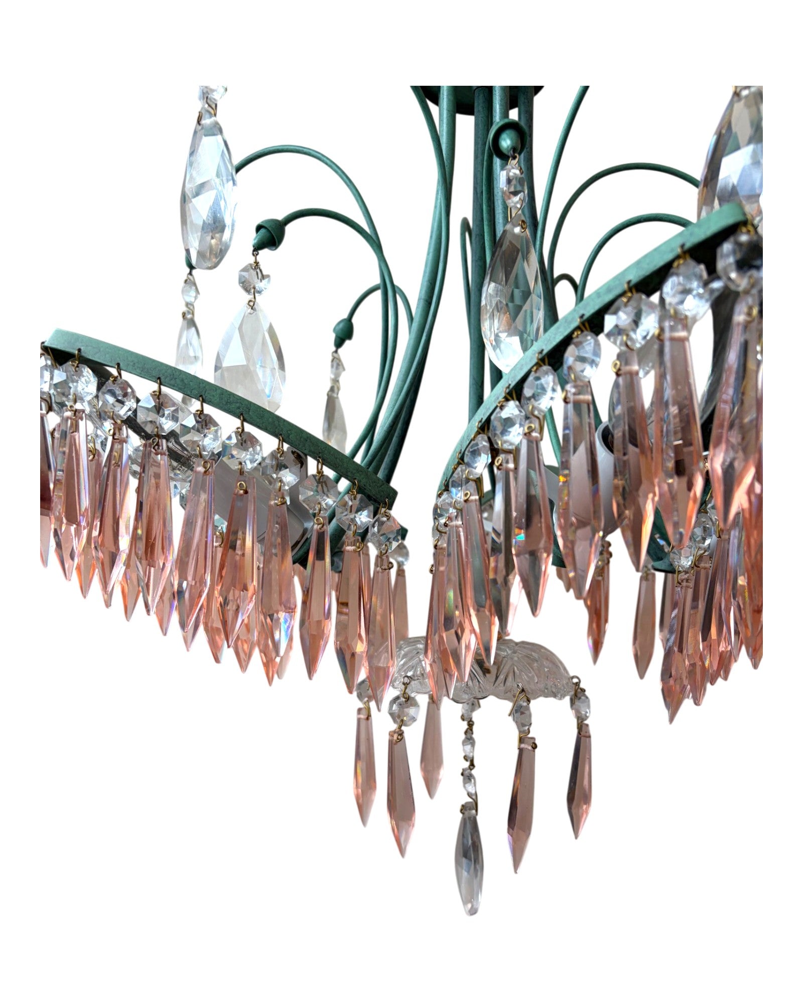 Patina Green Brass With Cascading Pink Crystal Teardrop Prisms Chandelier - Surround Living - 14