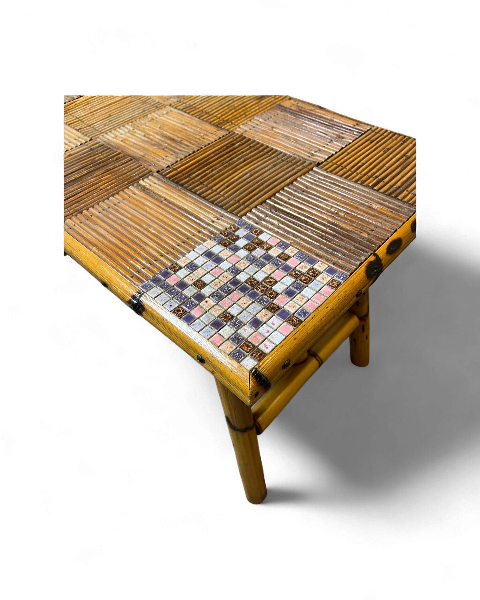 Bamboo & Rattan Mosaic Low Table with Ceramic Tiling Accent Surround Living
