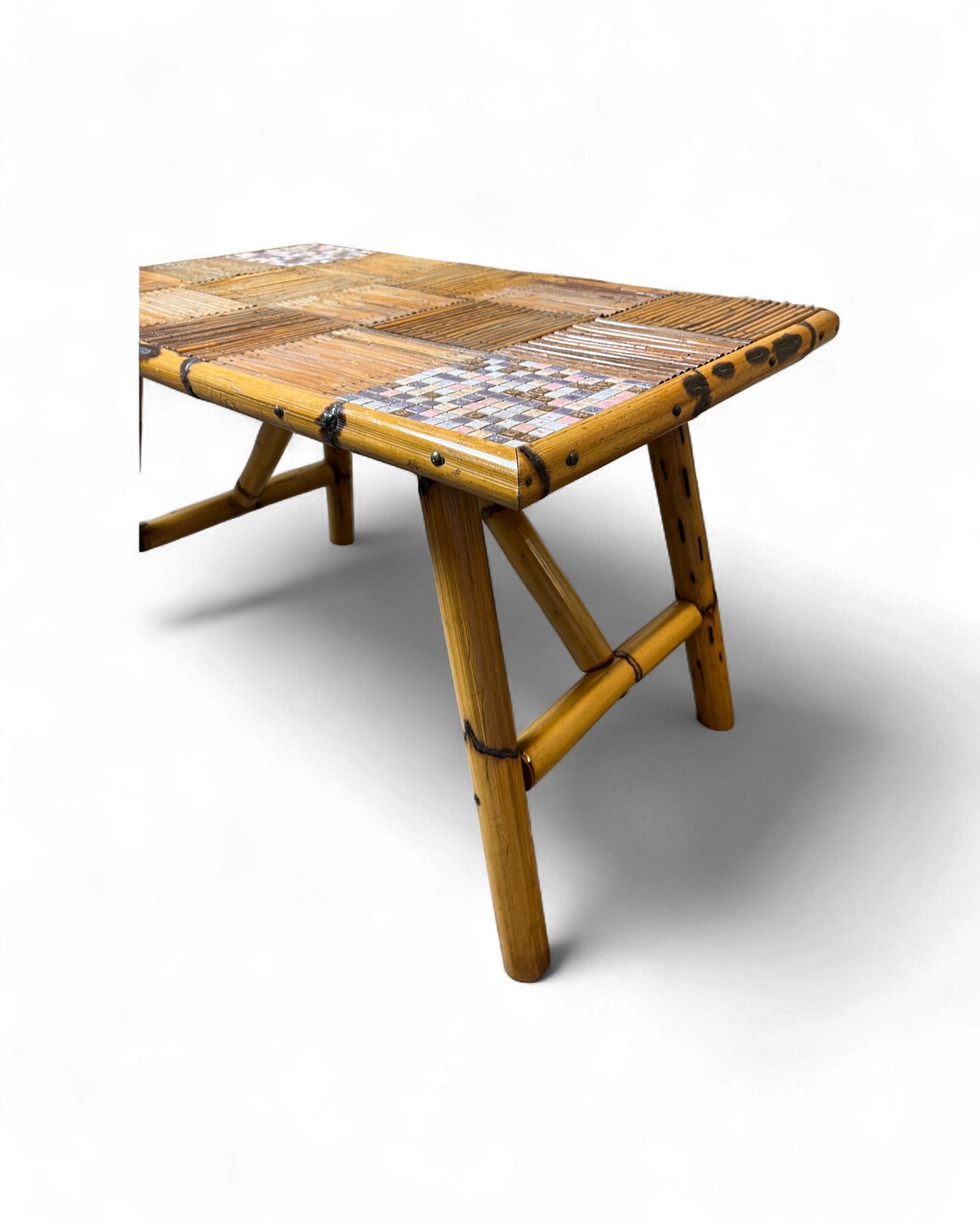 Bamboo & Rattan Mosaic Low Table with Ceramic Tiling Accent Surround Living