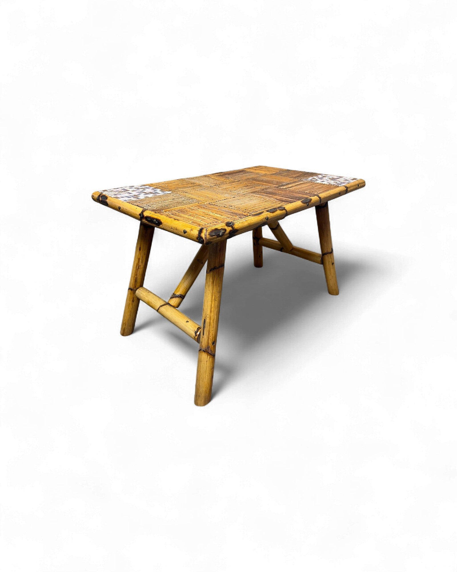 Bamboo & Rattan Mosaic Low Table with Ceramic Tiling Accent Surround Living