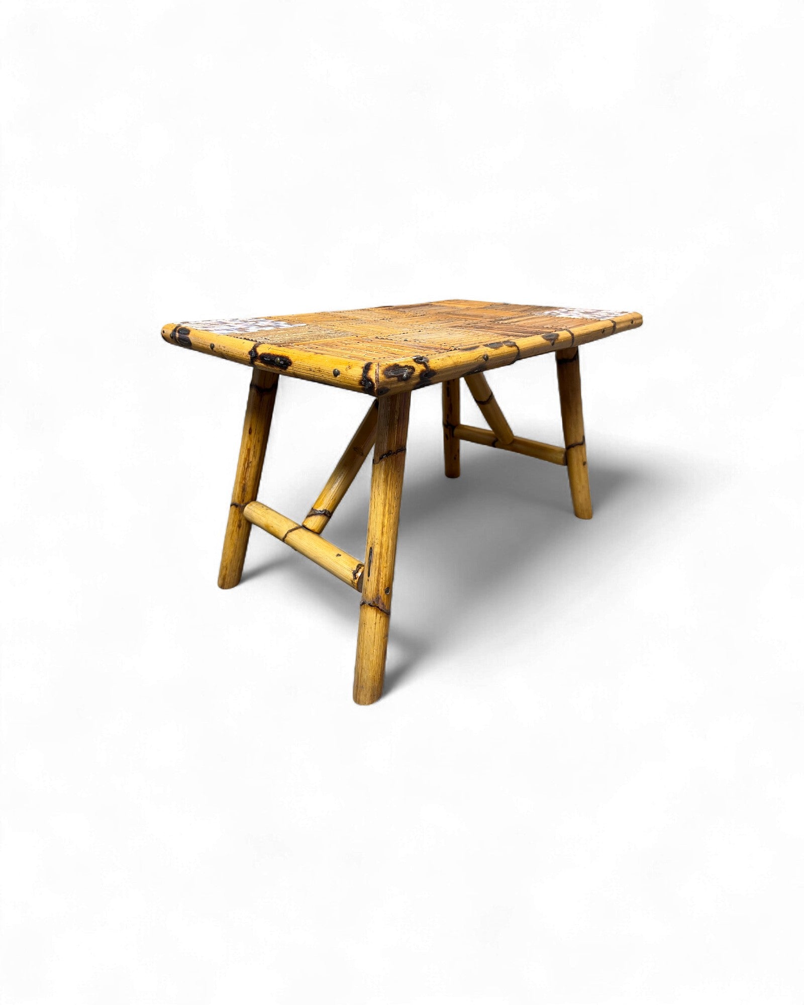 Bamboo & Rattan Mosaic Low Table with Ceramic Tiling Accent Surround Living