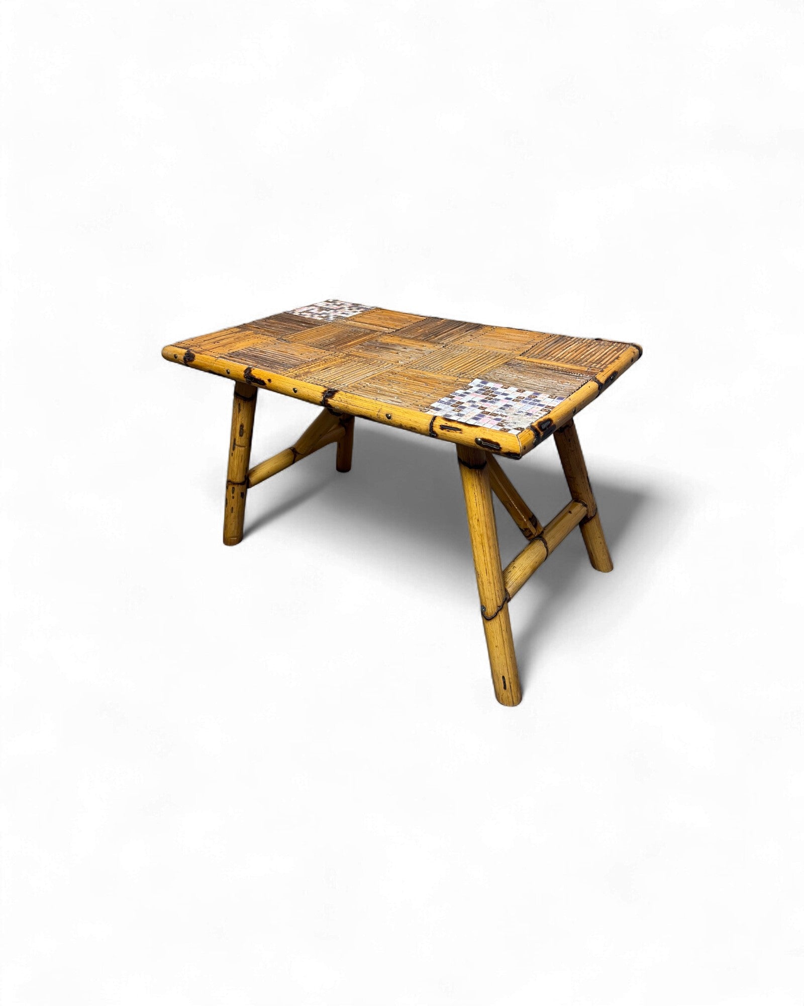 Bamboo & Rattan Mosaic Low Table with Ceramic Tiling Accent Surround Living