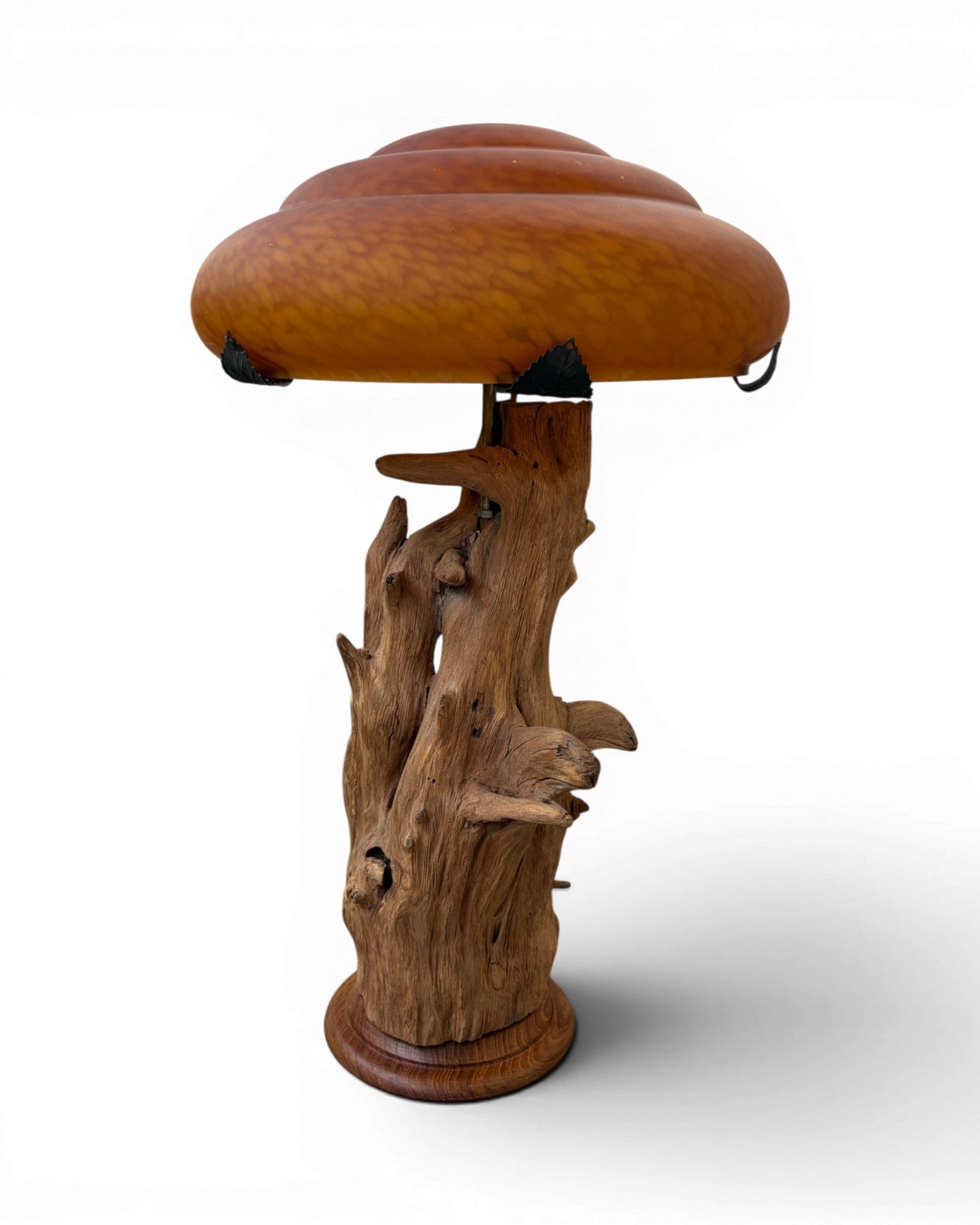 Organic Wood Table Lamp with Mushroom-Shaped Orange Art Glass Shade - Surround Living - 3