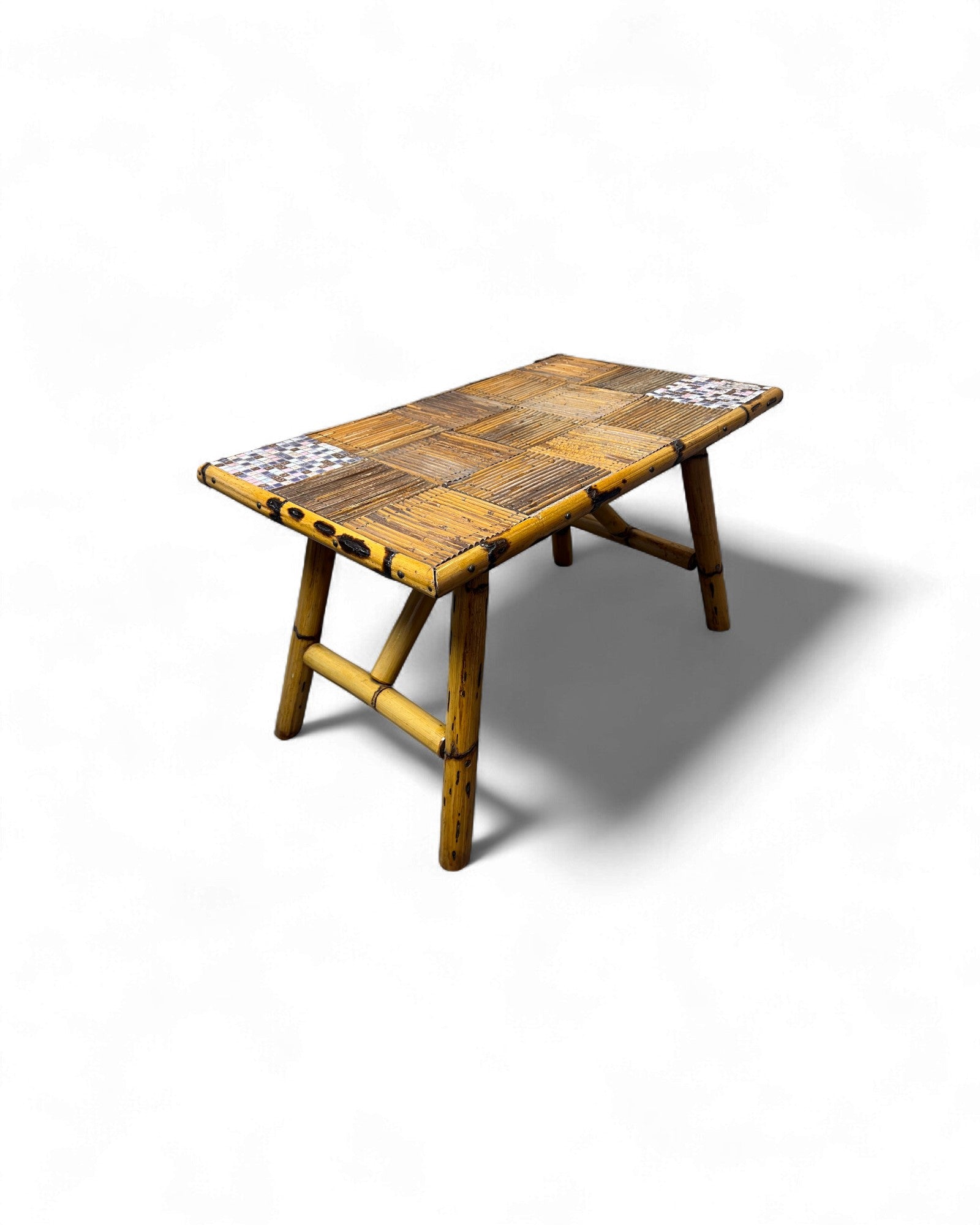Bamboo & Rattan Mosaic Low Table with Ceramic Tiling Accent Surround Living
