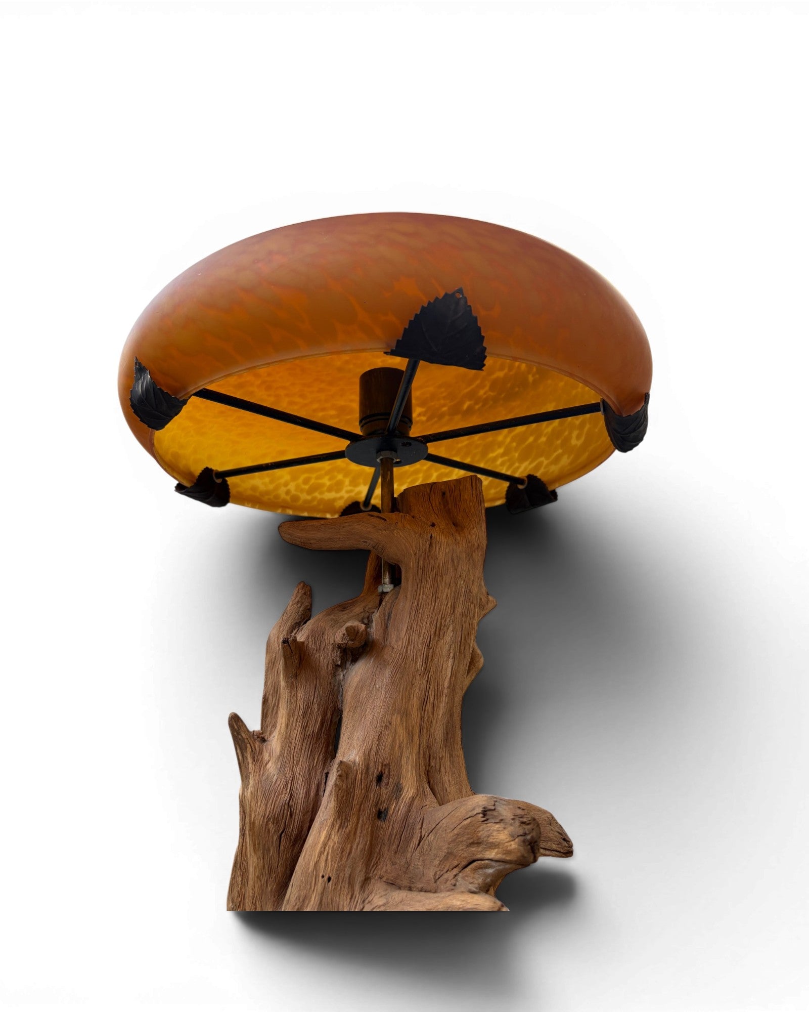 Organic Wood Table Lamp with Mushroom-Shaped Orange Art Glass Shade - Surround Living - 6