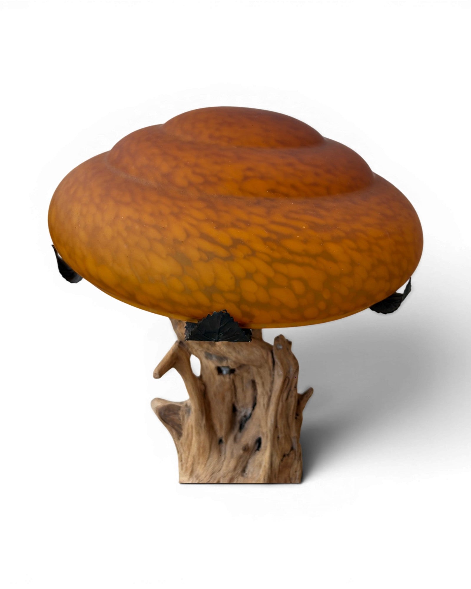Organic Wood Table Lamp with Mushroom-Shaped Orange Art Glass Shade - Surround Living - 9