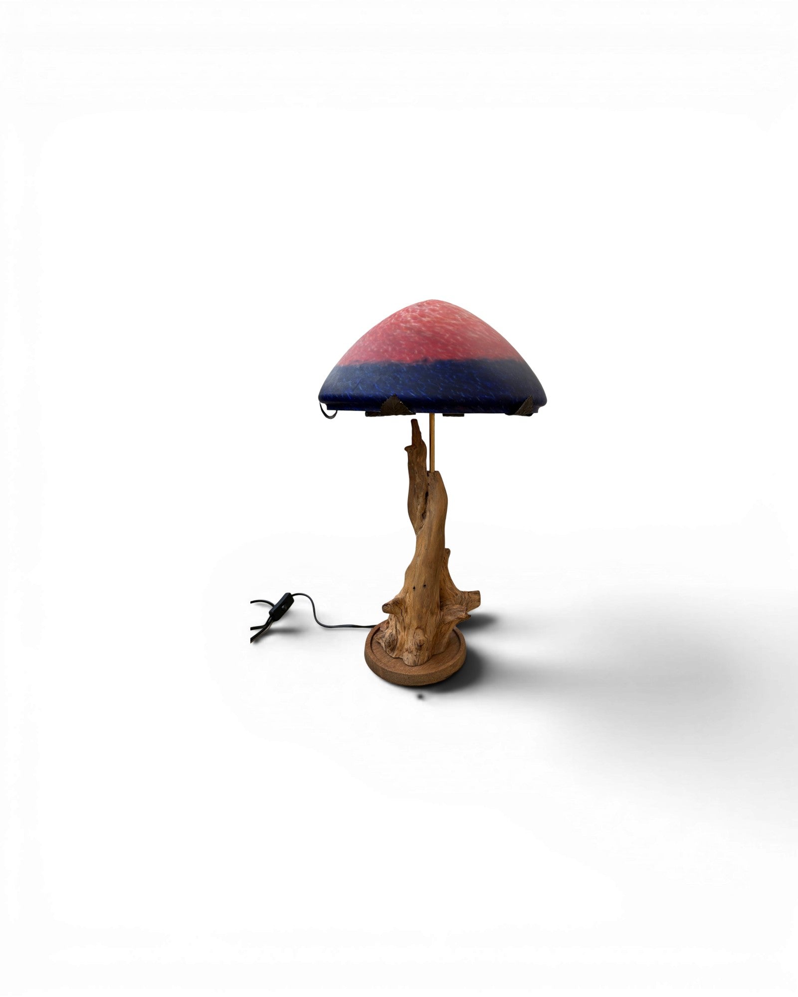 Organic Wood Table Lamp with Mushroom-Shaped Red and Blue Art Glass Shade - Surround Living - 1