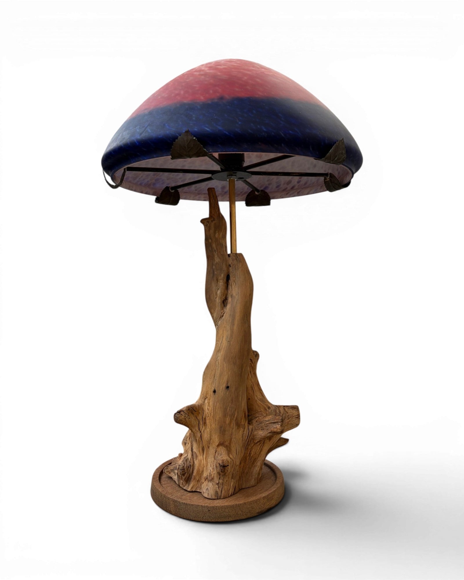 Organic Wood Table Lamp with Mushroom-Shaped Red and Blue Art Glass Shade - Surround Living - 3