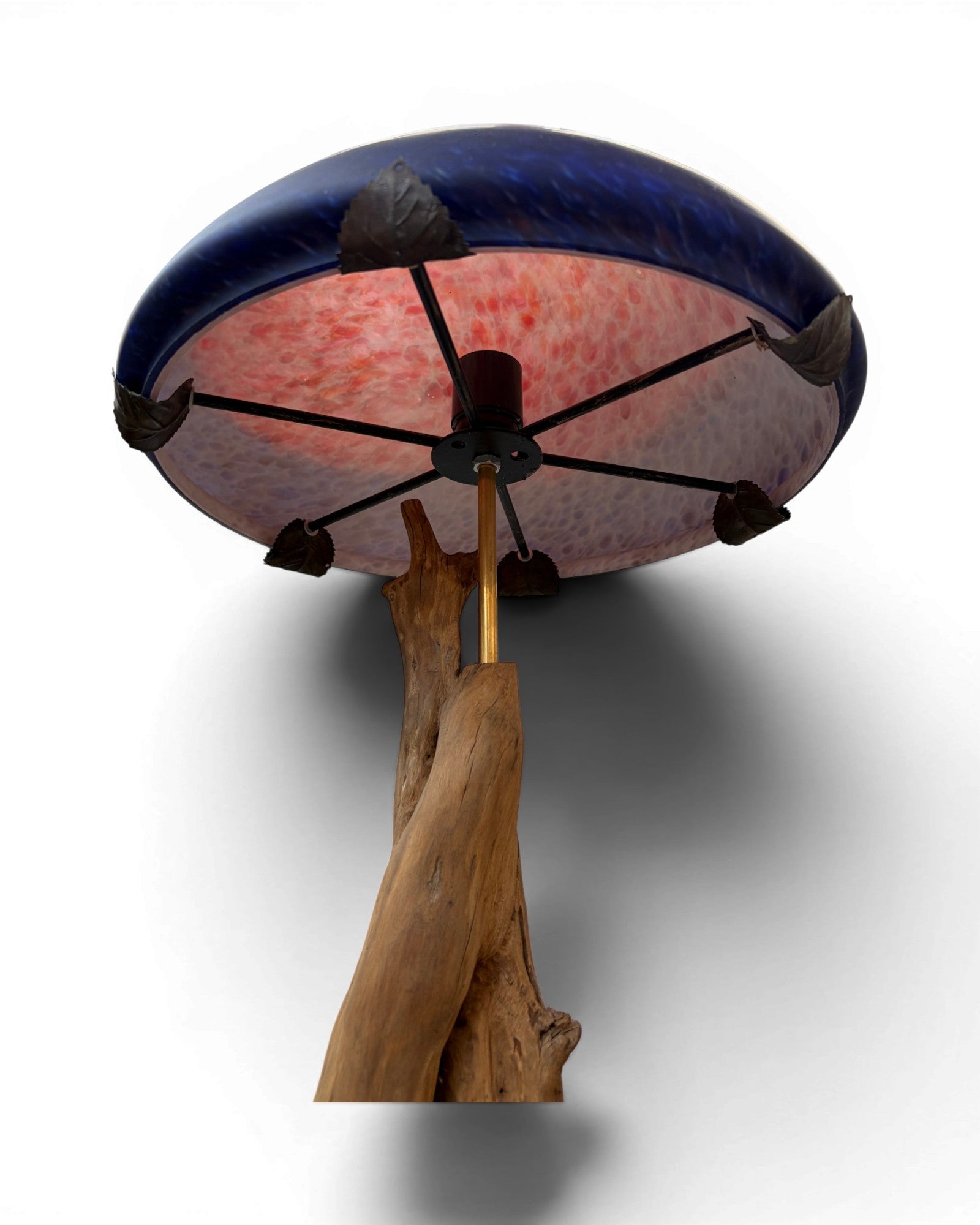Organic Wood Table Lamp with Mushroom-Shaped Red and Blue Art Glass Shade - Surround Living - 8