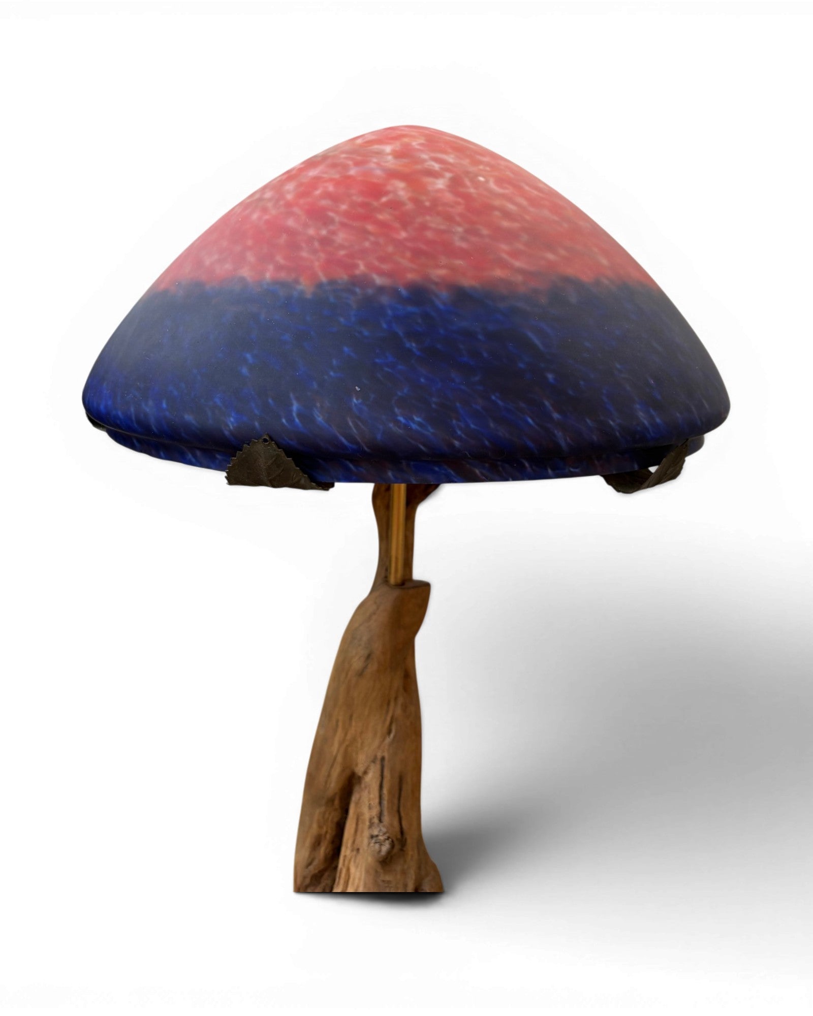 Organic Wood Table Lamp with Mushroom-Shaped Red and Blue Art Glass Shade - Surround Living - 10