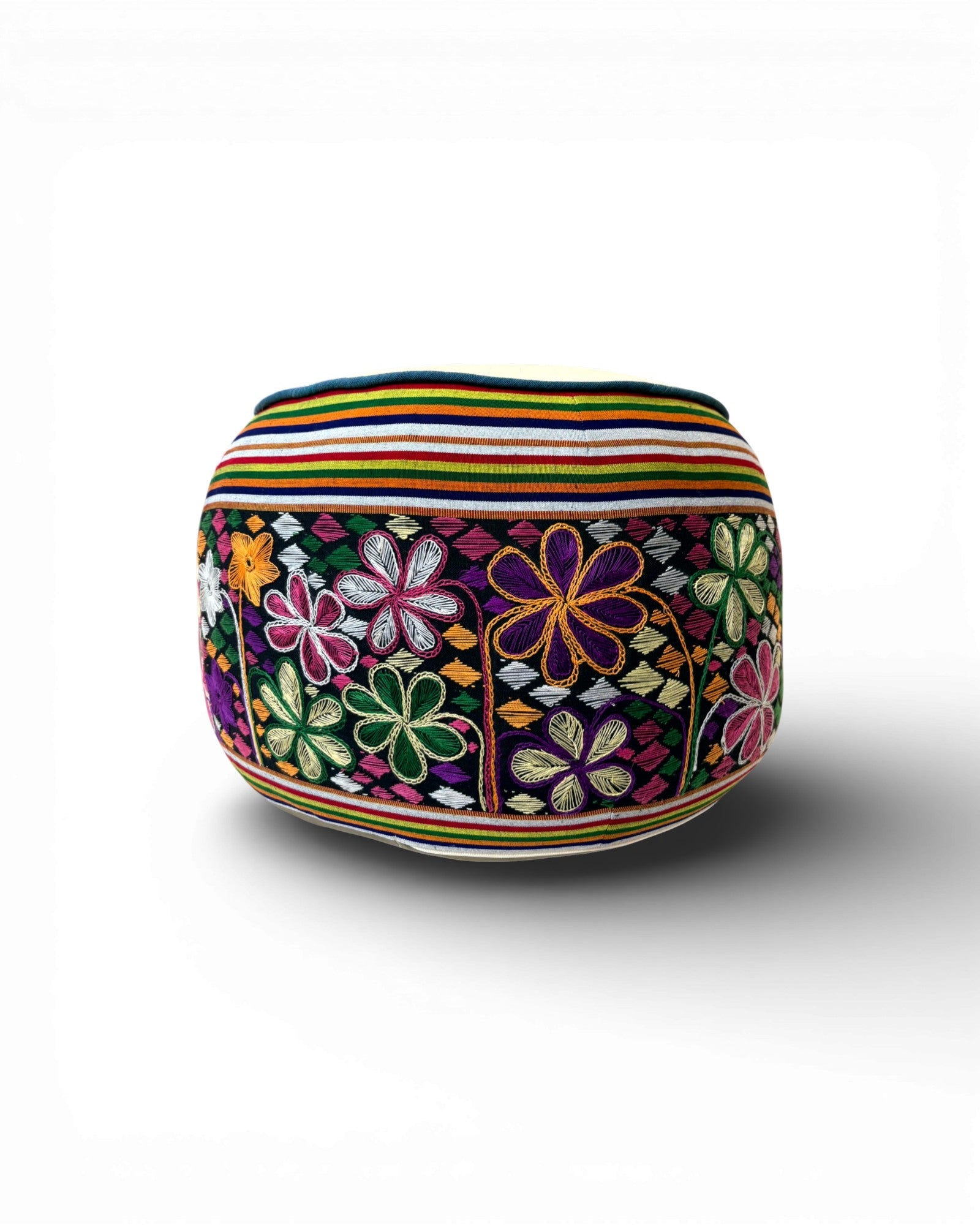 Round Embroidered Floral Textile Floor Pouf (M) - Surround Living - 2