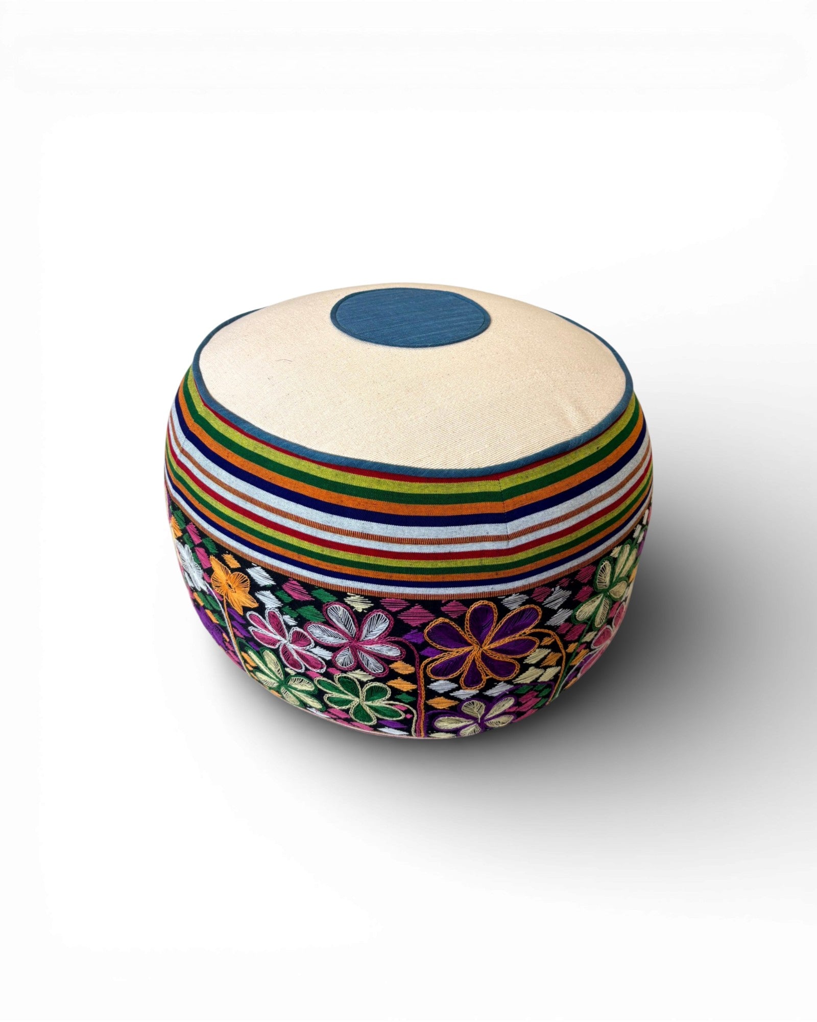 Round Embroidered Floral Textile Floor Pouf (M) - Surround Living - 6