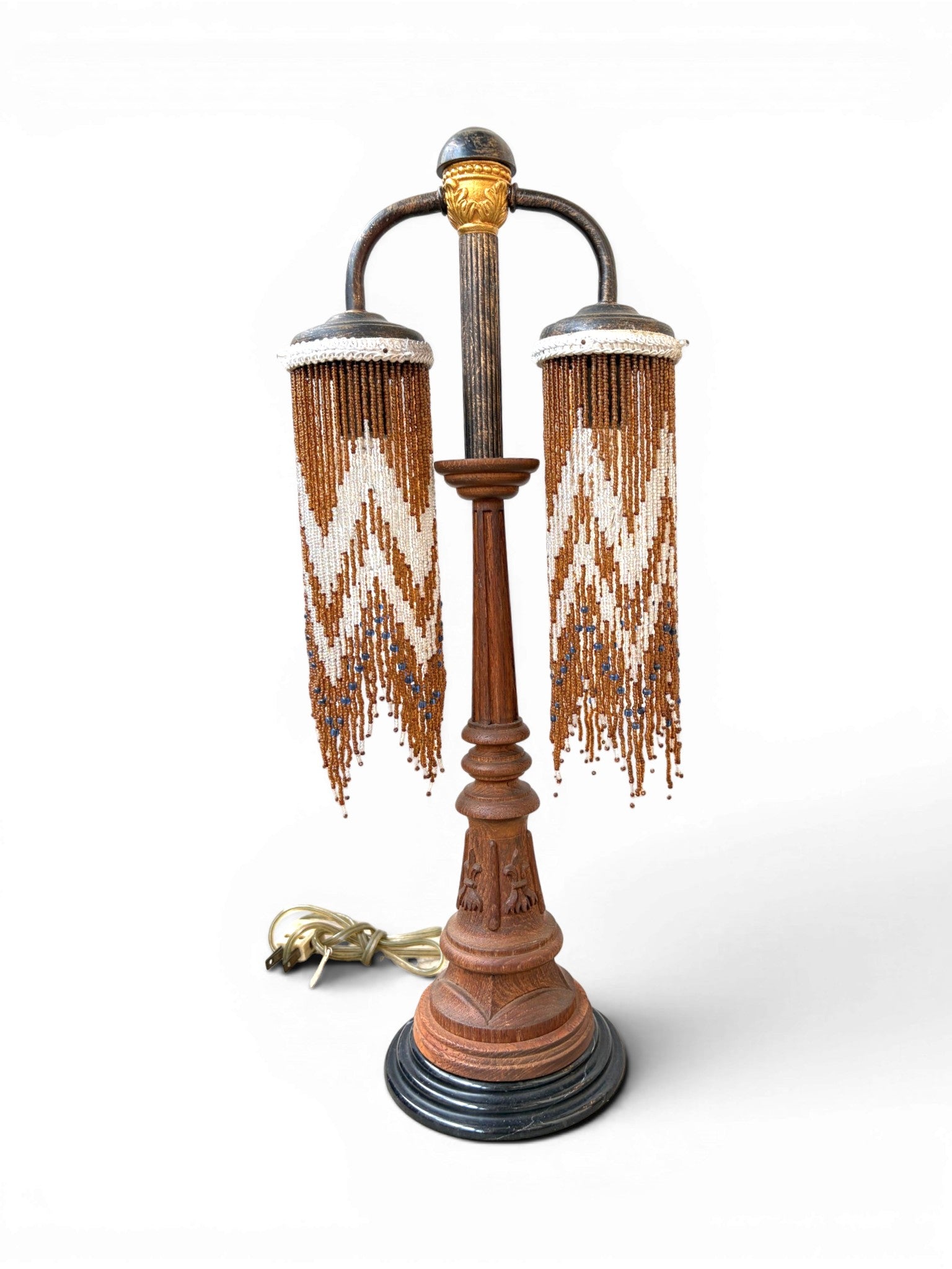 A Vintage Table Lamp With Two-Metal-Arm Beaded Fringe Shades and a Wooden Body - Surround Living - 4