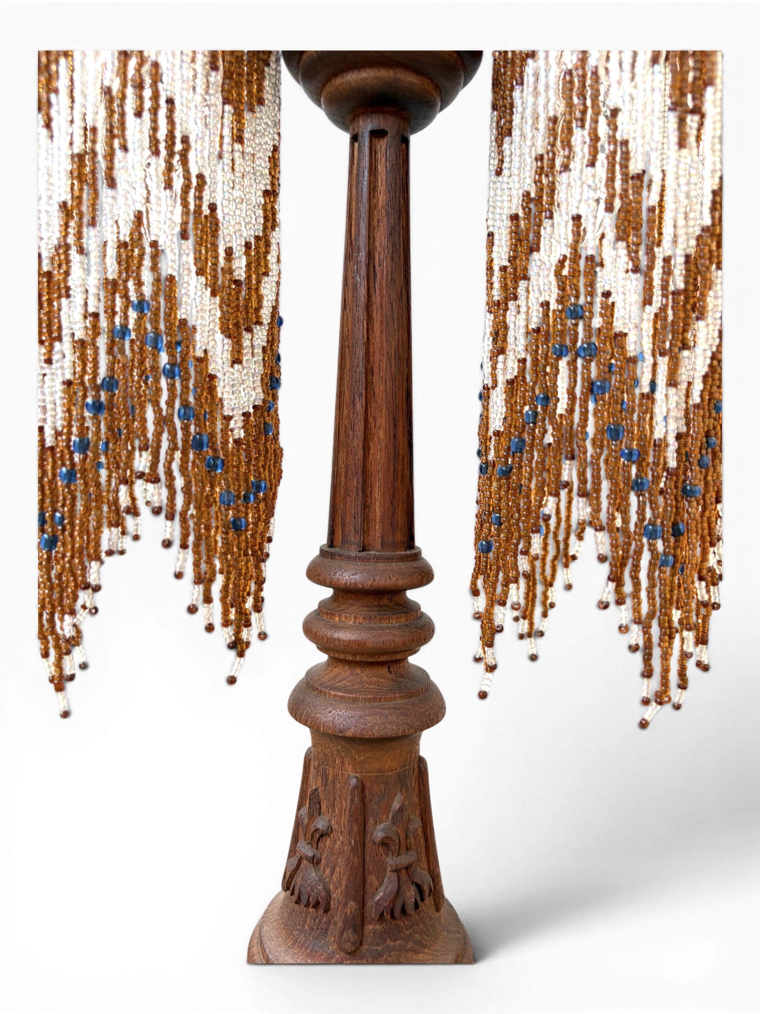 A Vintage Table Lamp With Two-Metal-Arm Beaded Fringe Shades and a Wooden Body - Surround Living - 6