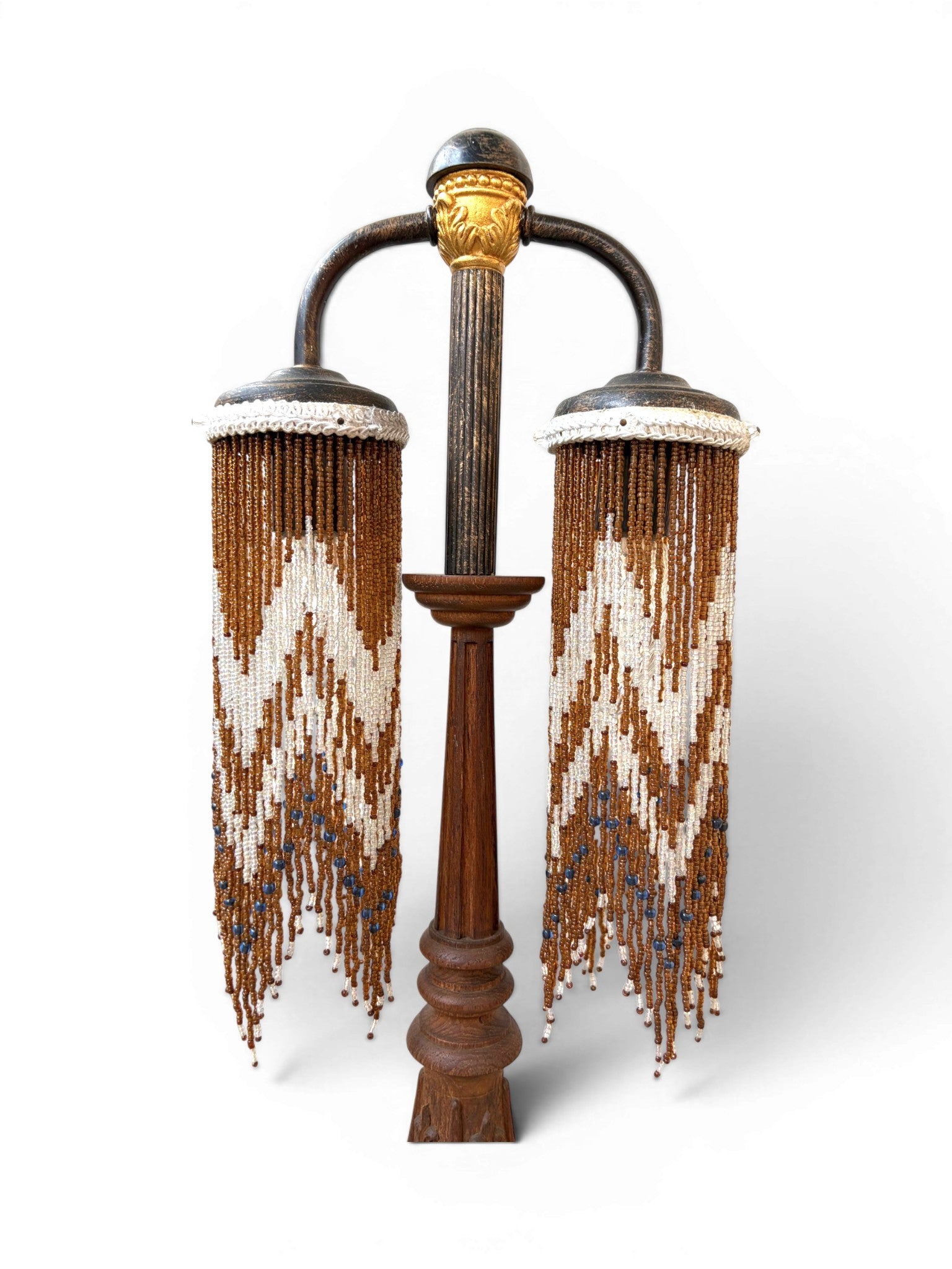 A Vintage Table Lamp With Two-Metal-Arm Beaded Fringe Shades and a Wooden Body - Surround Living - 7