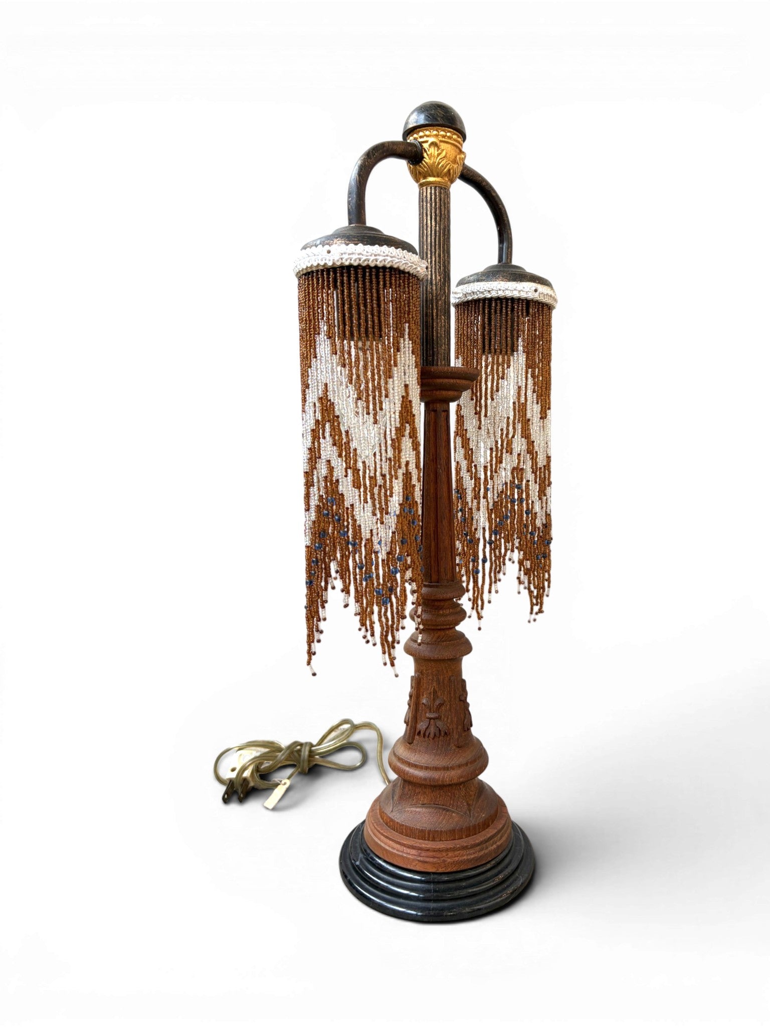 A Vintage Table Lamp With Two-Metal-Arm Beaded Fringe Shades and a Wooden Body - Surround Living - 9